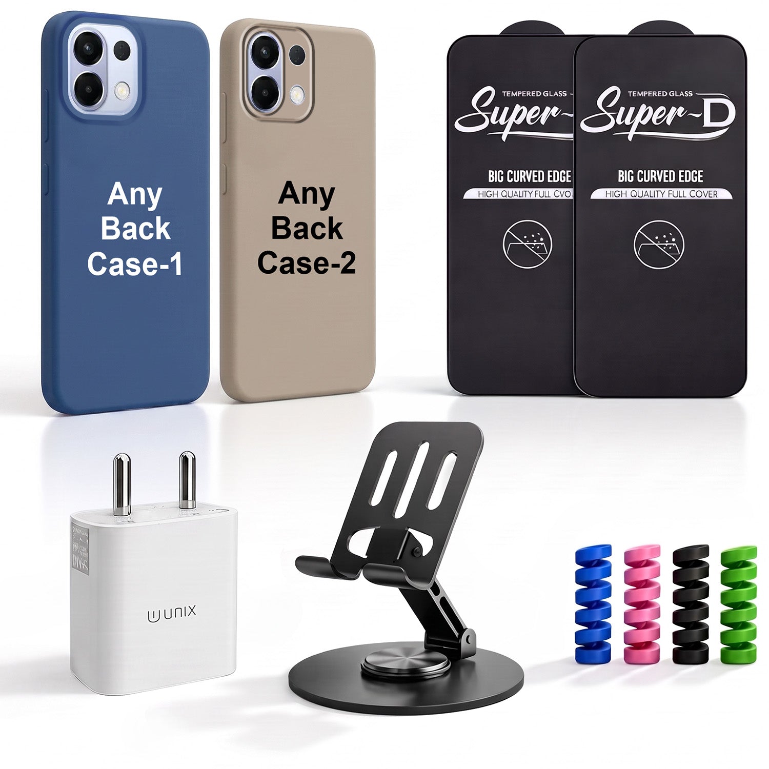 Complete Mobile Care Kit (Get Any 2 Cases+2 Tempered Glass+25W Charger Adapter+Metallic Mobile Stand+Cable Protector)