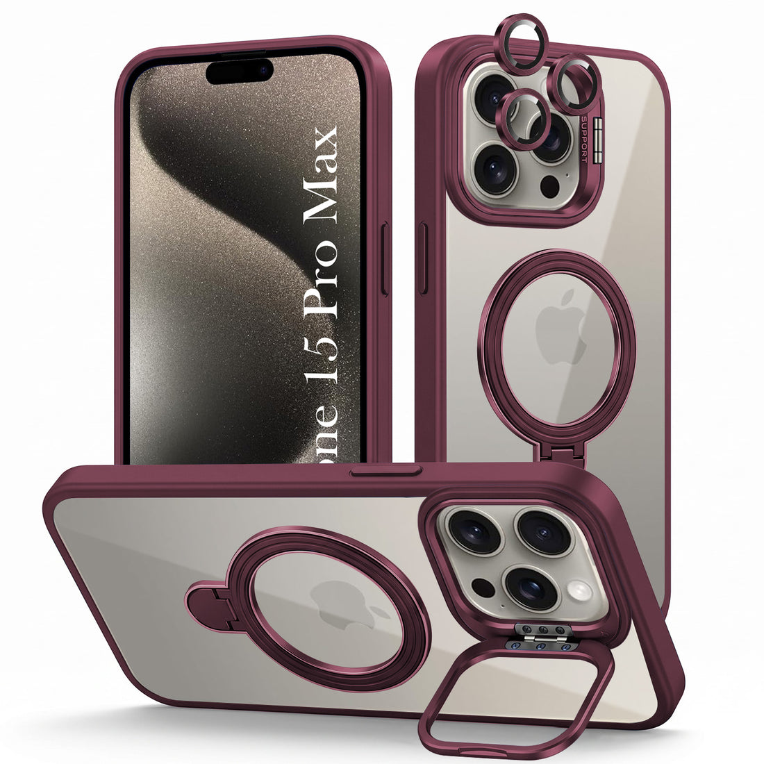 For Apple iPhone 15 Pro Max Back Cover Case Crystal (Lifetime Anti Yellow | Magnetic Ring Stand | Camera Lens Protection | MagSafe Compatible)