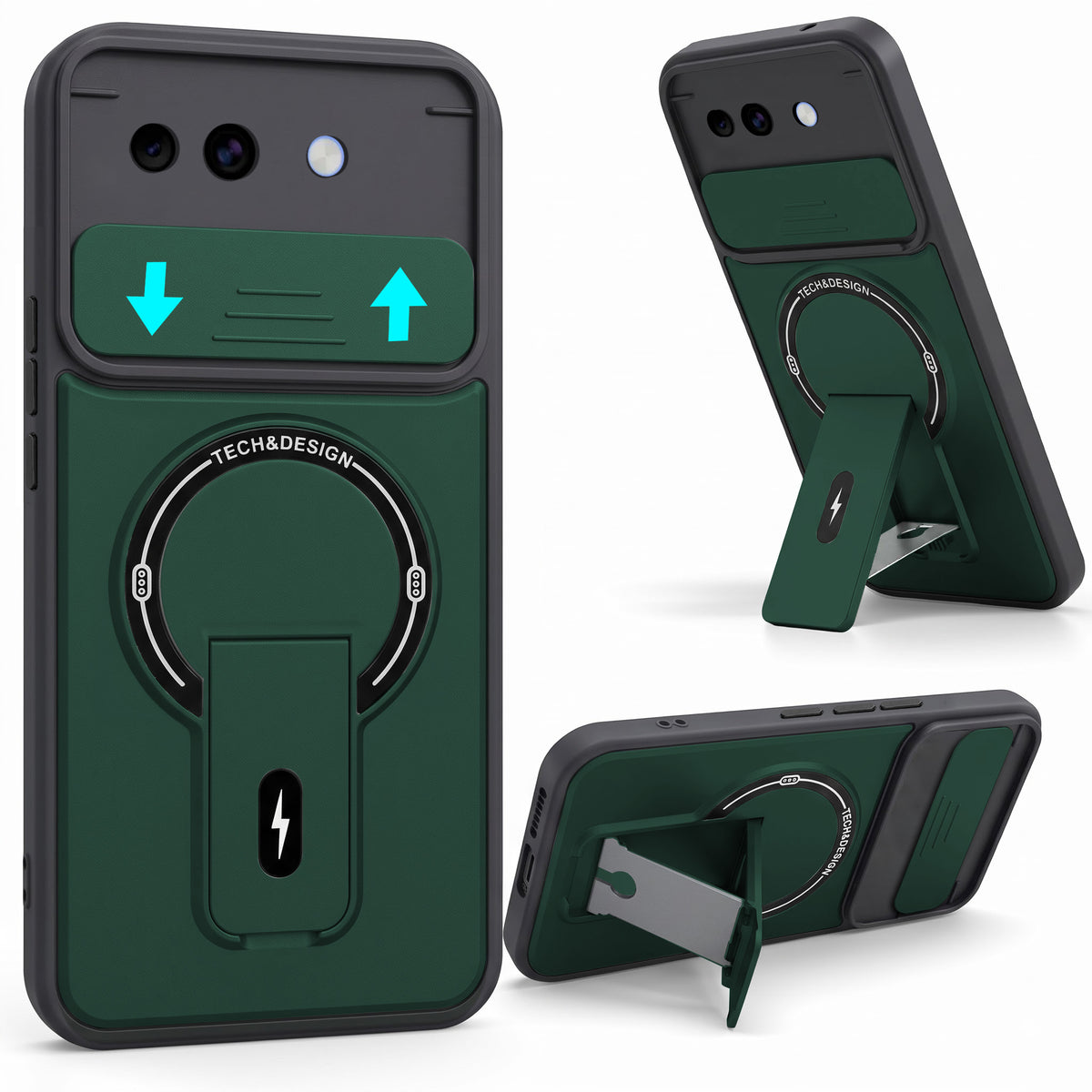For Google Pixel 10a Back Case Cover Metallic (Hybrid Armor Kickstand | Sliding Shutter Camera Protection | MagSafe Compatible)