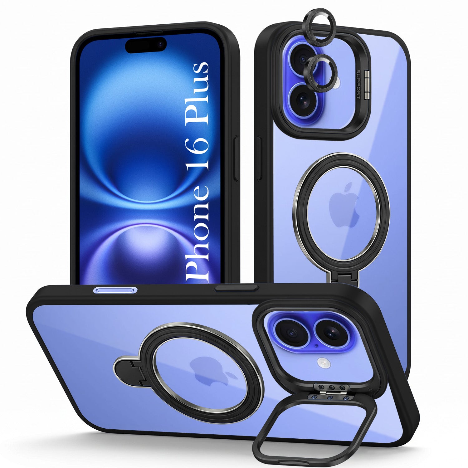 For Apple iPhone 16 Plus Back Cover Case Crystal (Lifetime Anti Yellow | Magnetic Ring Stand | Camera Lens Protection | MagSafe Compatible)
