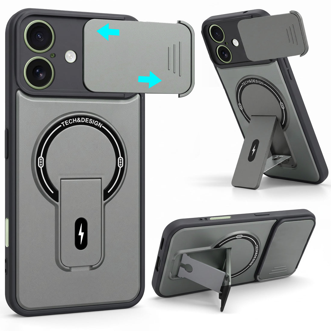 For Apple iPhone 16 Back Case Cover Metallic (Hybrid Armor Kickstand | Sliding Shutter Camera Protection | MagSafe Compatible)