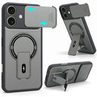 For Apple iPhone 16 Back Case Cover Metallic (Hybrid Armor Kickstand | Sliding Shutter Camera Protection | MagSafe Compatible)