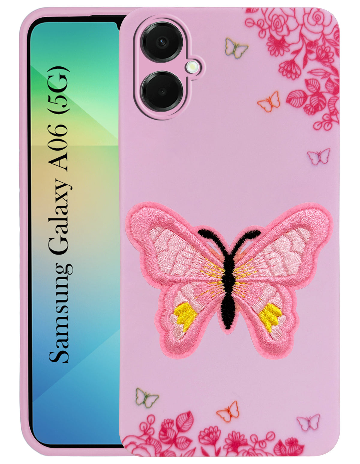 For Samsung Galaxy A06 Back Cover Case (Soft Butterfly Embroidery | Women Teen Girls | Camera Protection| Matte Silicone)