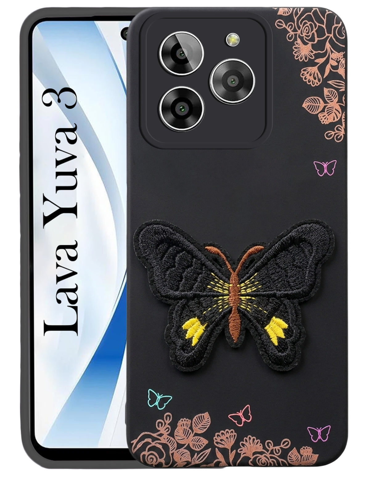 For Lava Yuva 3 Back Cover Case (Soft Butterfly Embroidery | Women Teen Girls | Camera Protection| Matte Silicone)