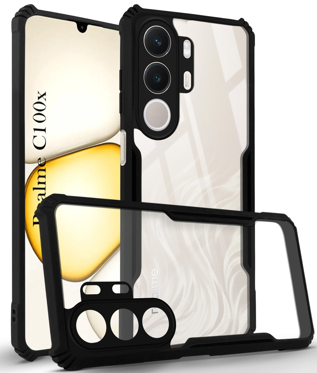 For Realme C100X Back Cover Case Hybrid (Shockproof with Polycarbonate Clear Panel | Professional Black)