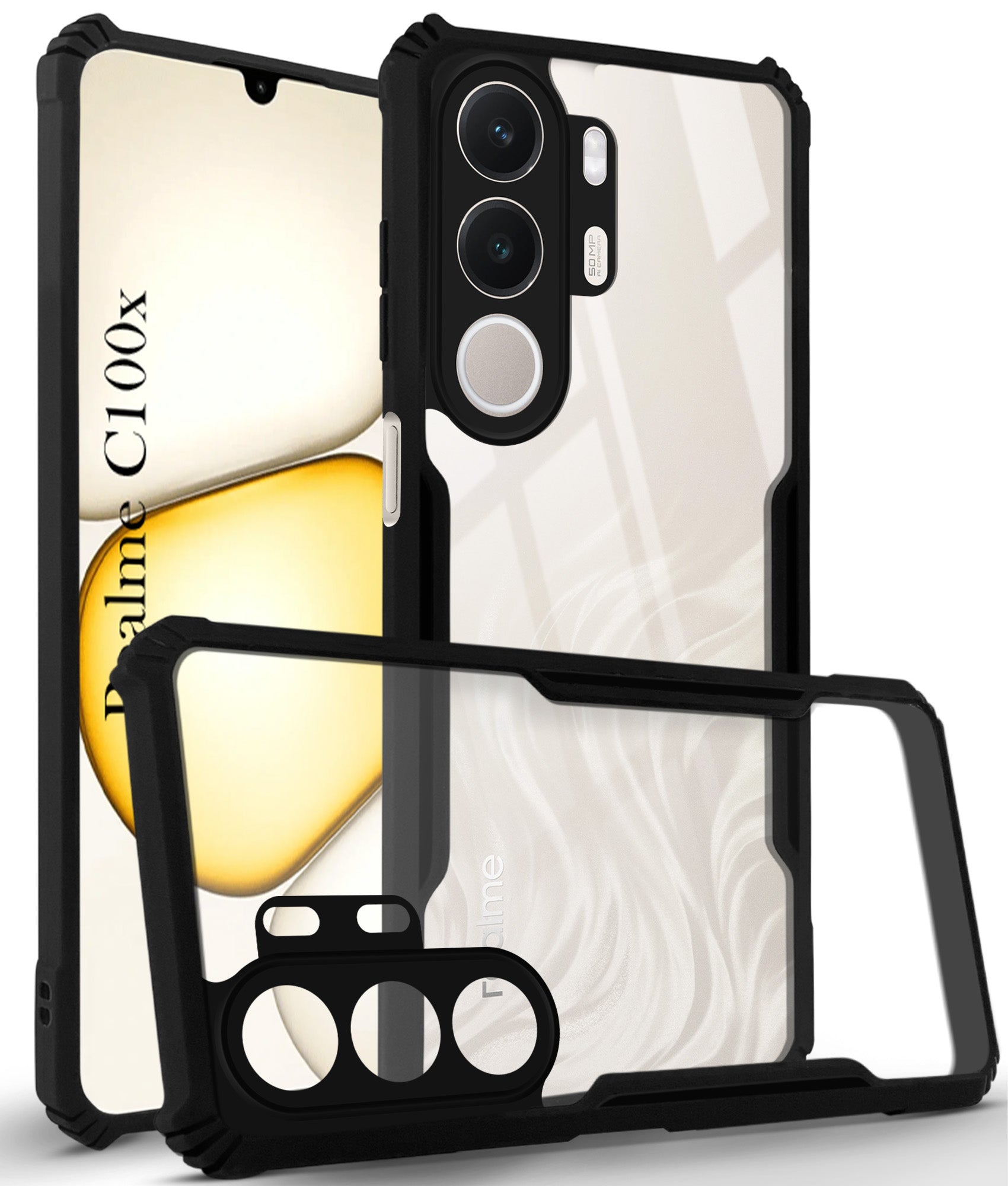 For Realme C100X Back Cover Case Hybrid (Shockproof with Polycarbonate Clear Panel | Professional Black)