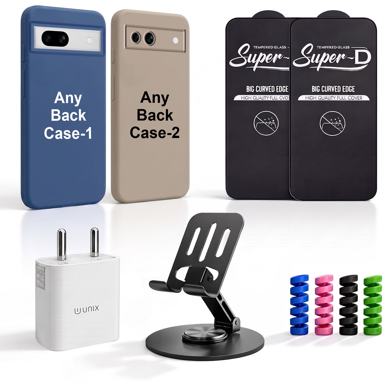 Complete Mobile Care Kit (Get Any 2 Cases+2 Tempered Glass+25W Charger Adapter+Metallic Mobile Stand+Cable Protector)