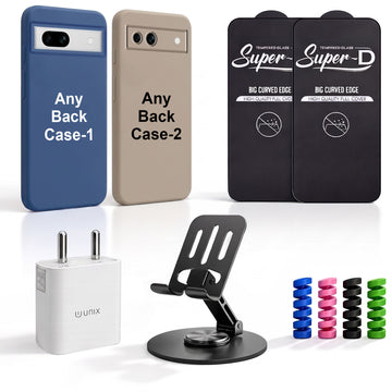 Complete Mobile Care Kit (Get Any 2 Cases+2 Tempered Glass+25W Charger Adapter+Metallic Mobile Stand+Cable Protector)