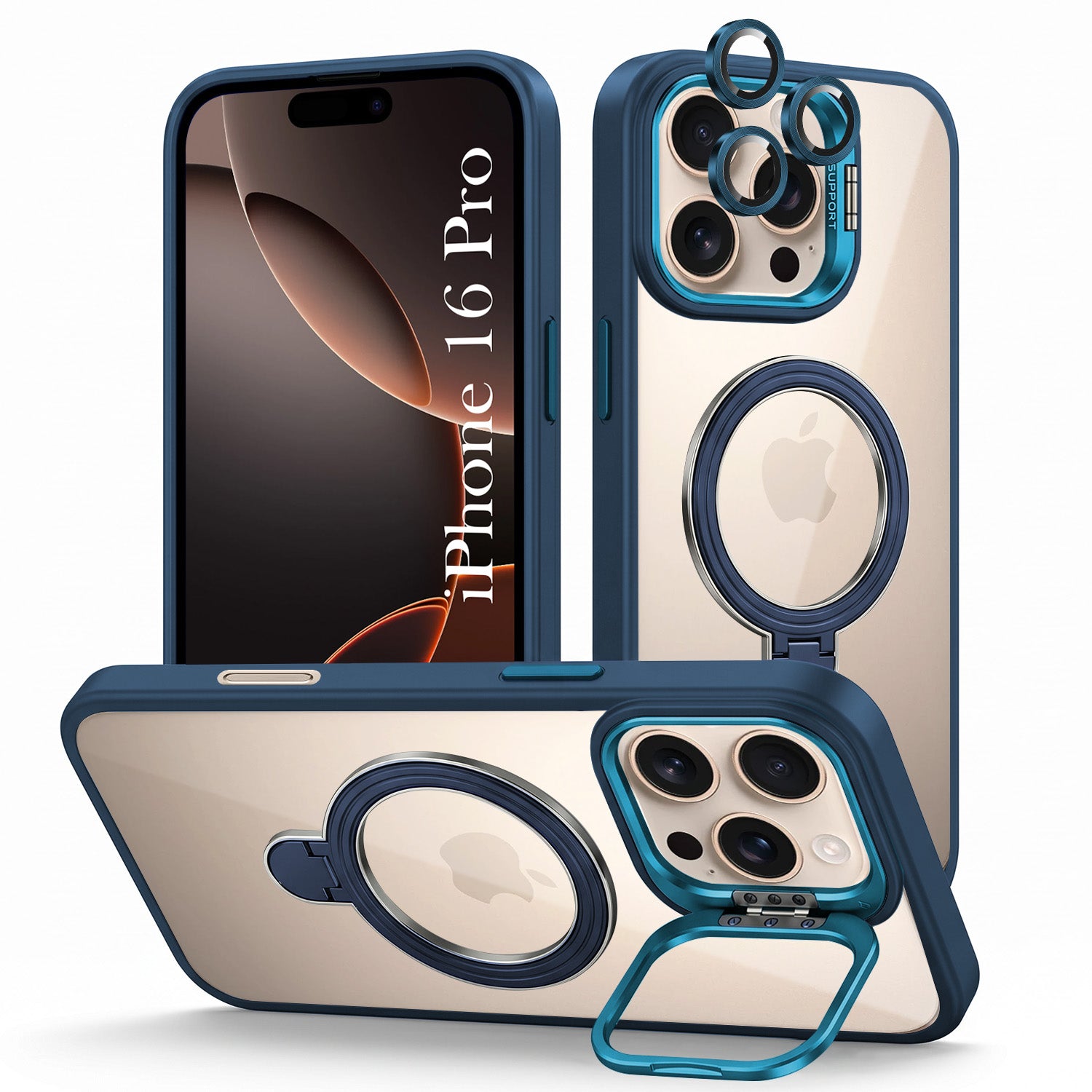 For Apple iPhone 16 Pro Back Cover Case Crystal (Lifetime Anti Yellow | Magnetic Ring Stand | Camera Lens Protection | MagSafe Compatible)