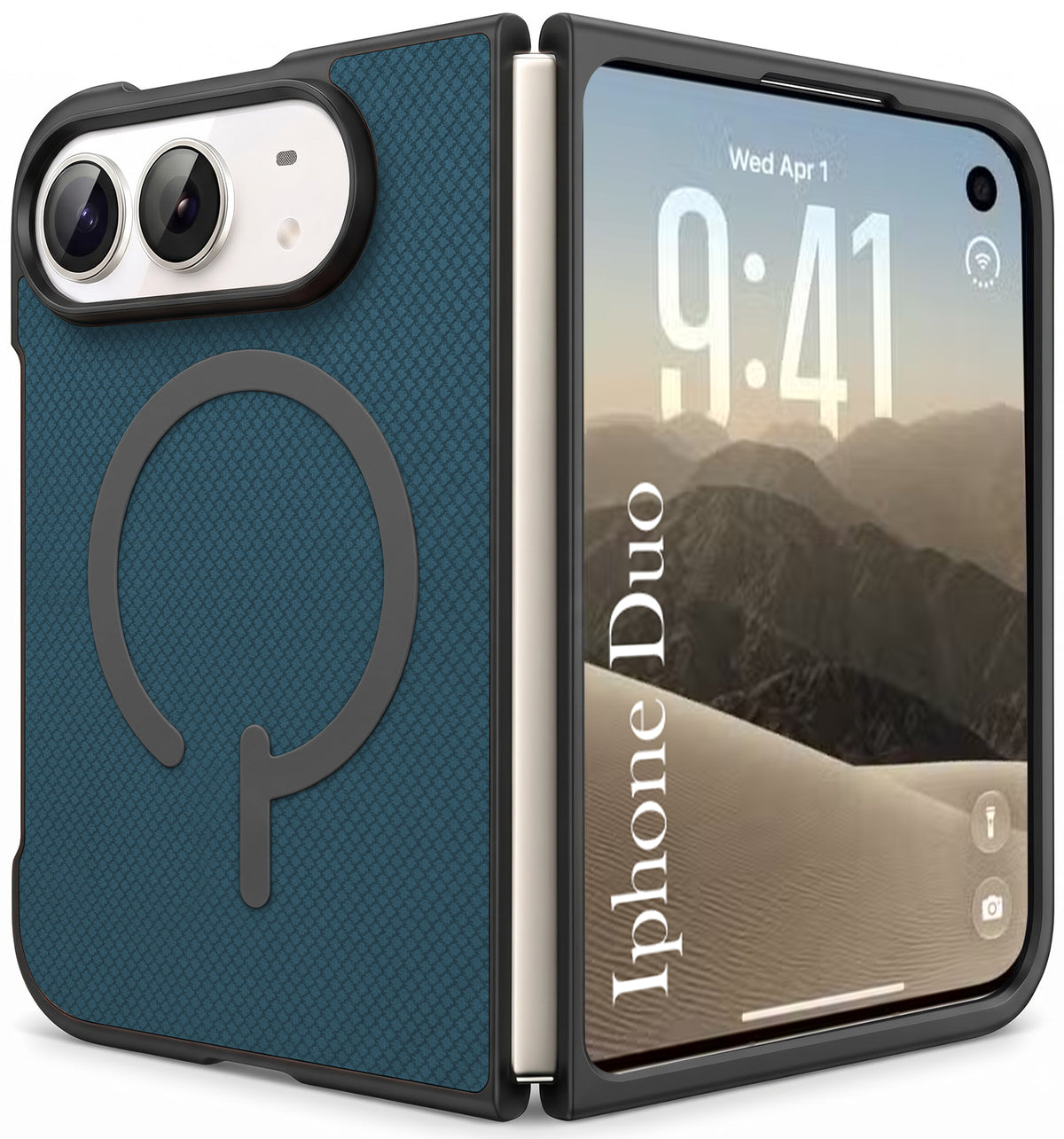 For Apple iPhone Duo Premium Magnetic Back Cover Case (MagSafe Compatible | 180° Folding Design | Soft Microfiber Inner Lining | Textured Blue Finish)