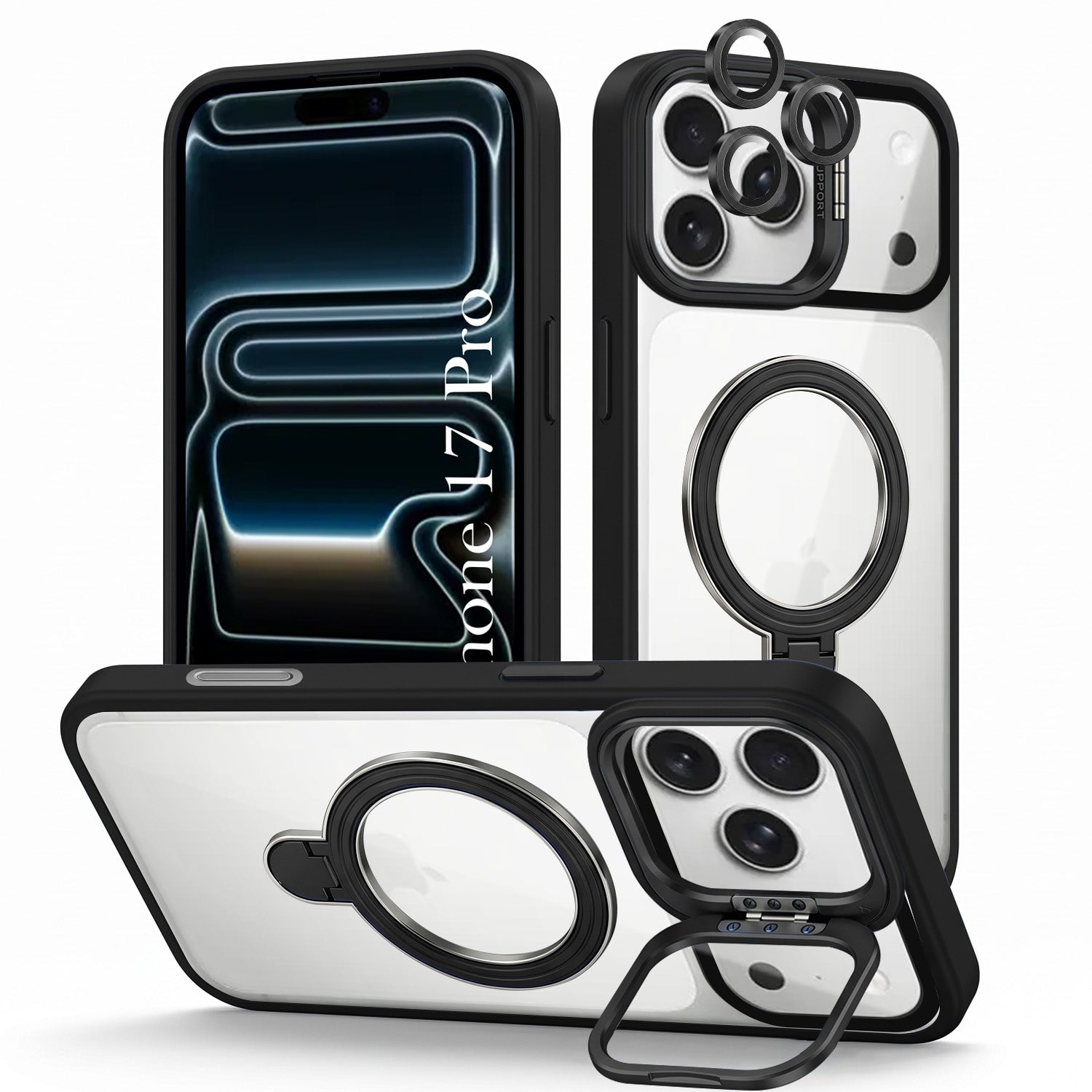 For Apple iPhone 17 Pro Back Cover Case Crystal (Lifetime Anti Yellow | Magnetic Ring Stand | Camera Lens Protection | MagSafe Compatible)