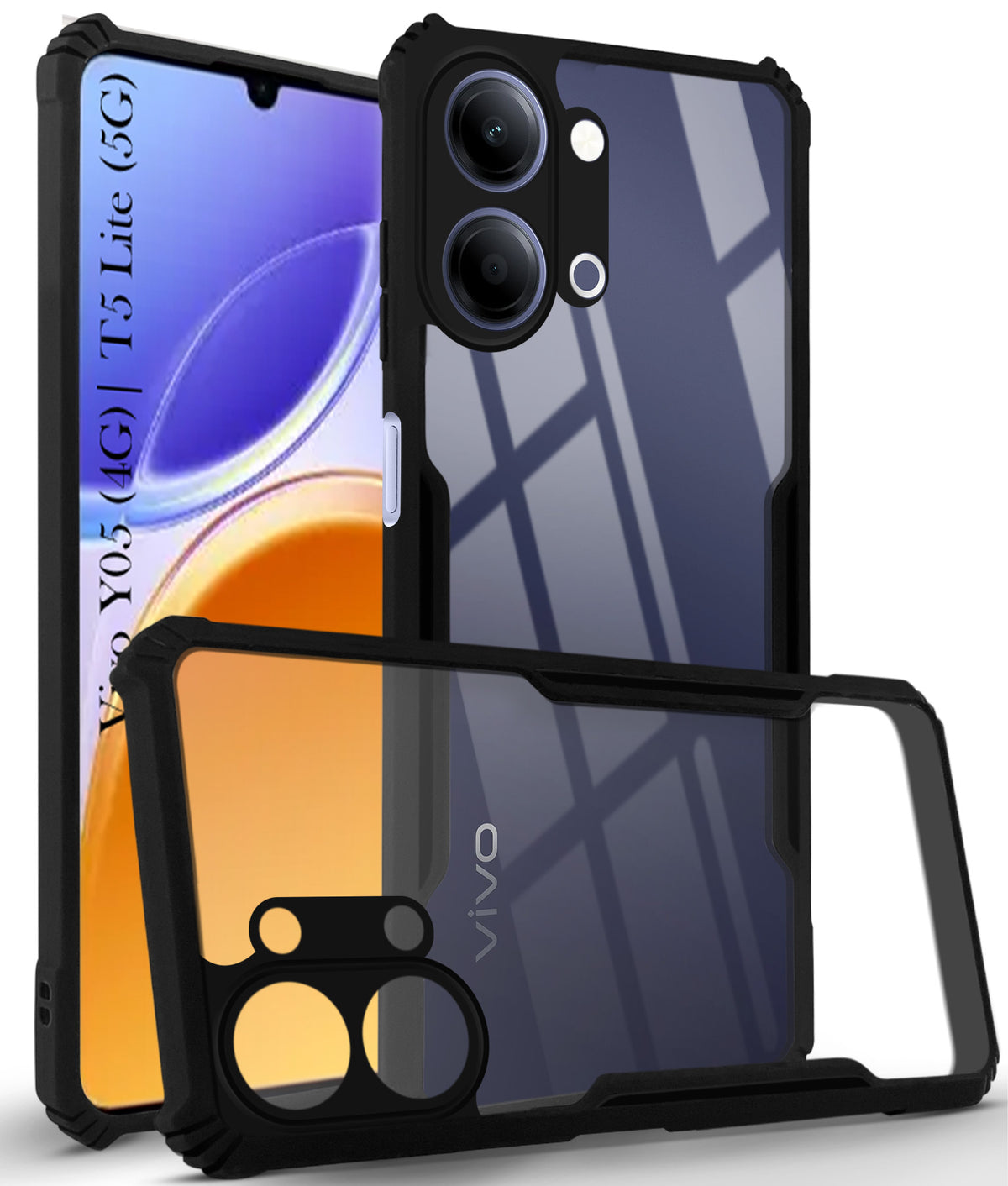 For Vivo Y05 (4G) | Vivo T5 Lite (5G) Back Cover Case Hybrid  (Shockproof with Polycarbonate Clear Panel | Professional Black)