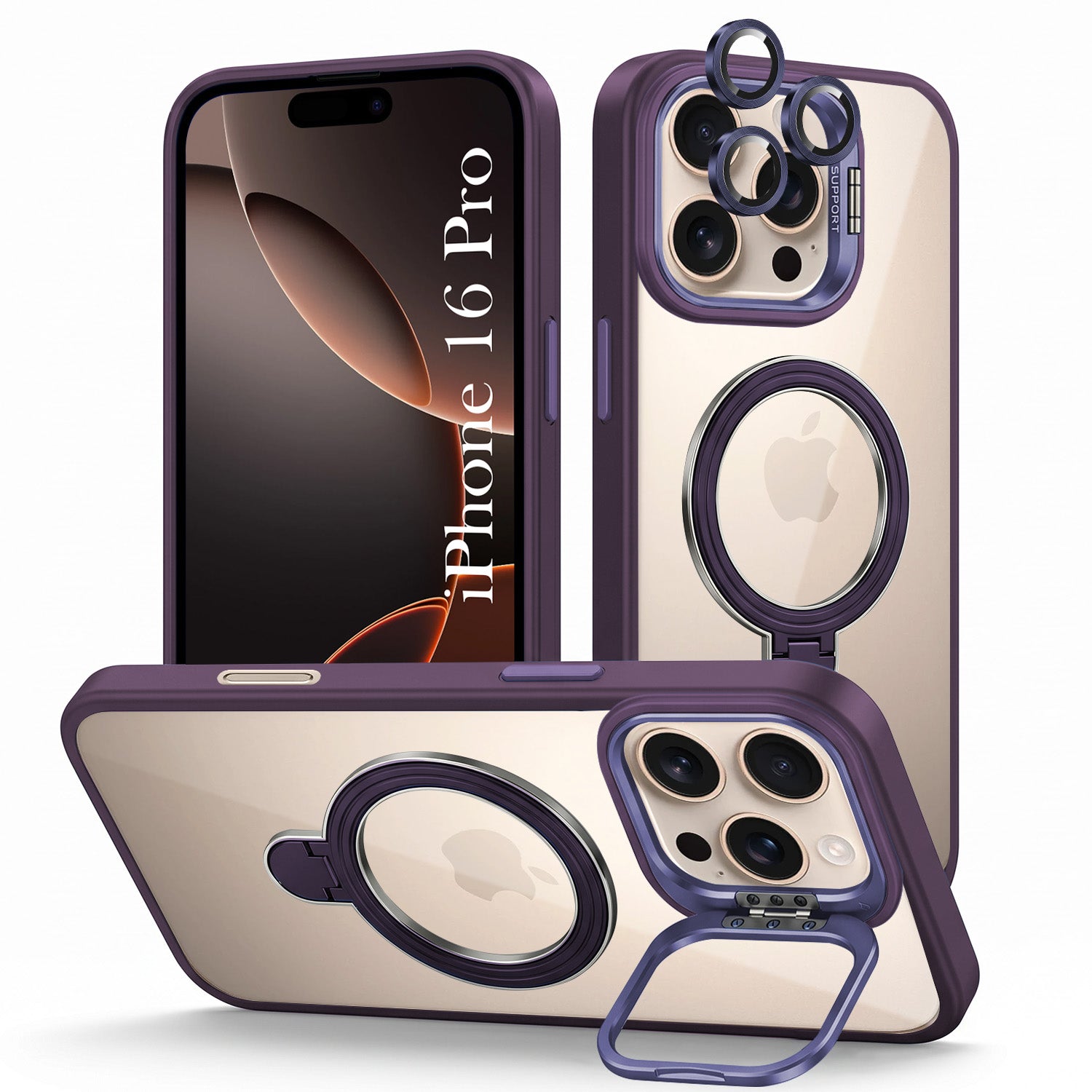 For Apple iPhone 16 Pro Back Cover Case Crystal (Lifetime Anti Yellow | Magnetic Ring Stand | Camera Lens Protection | MagSafe Compatible)