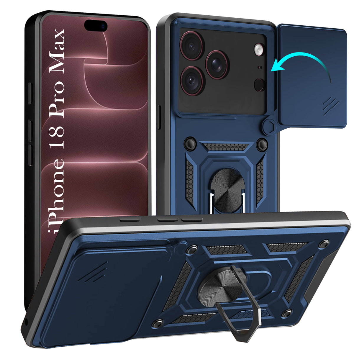 For Apple iPhone 18 Pro Max Back Cover Case Hybrid Armor (Sliding Shutter Camera Protection | Polycarbonate |Ring Holder Kickstand)