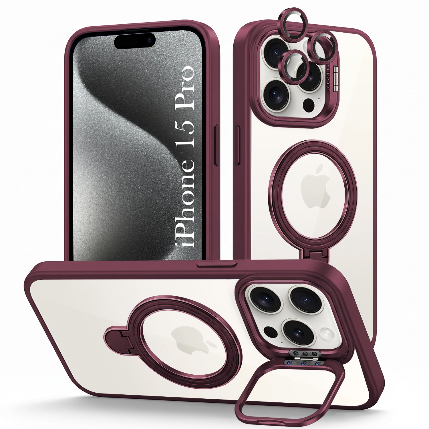 For Apple iPhone 15 Pro Back Cover Case Crystal (Lifetime Anti Yellow | Magnetic Ring Stand | Camera Lens Protection | MagSafe Compatible)