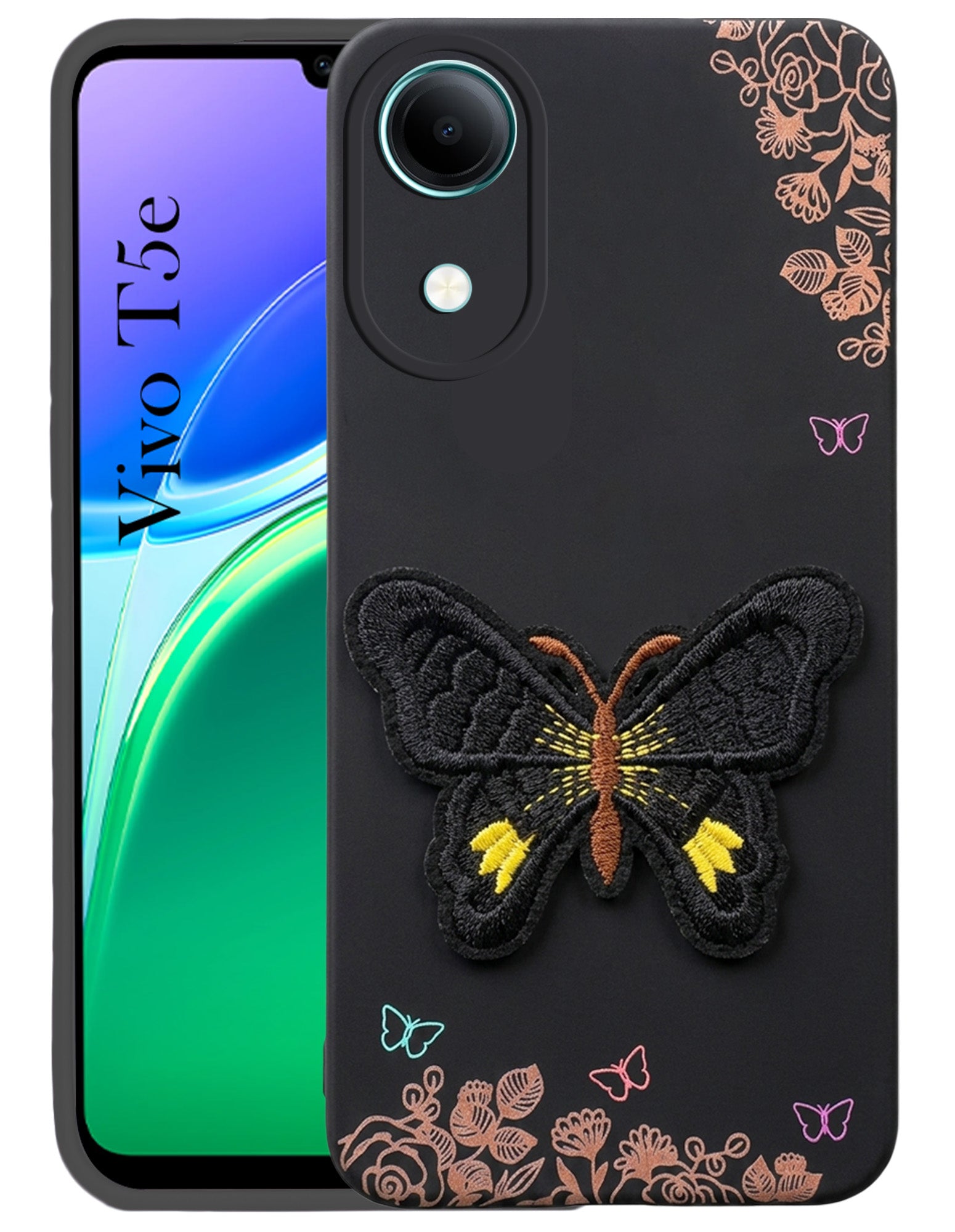 For Vivo T5e 5G Back Cover Case (Soft Butterfly Embroidery | Women Teen Girls | Camera Protection| Matte Silicone)