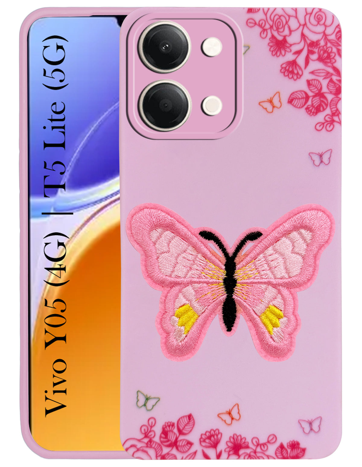 For Vivo Y05 (4G) | Vivo T5 Lite (5G) Back Cover Case (Soft Butterfly Embroidery | Women Teen Girls | Camera Protection| Matte Silicone)