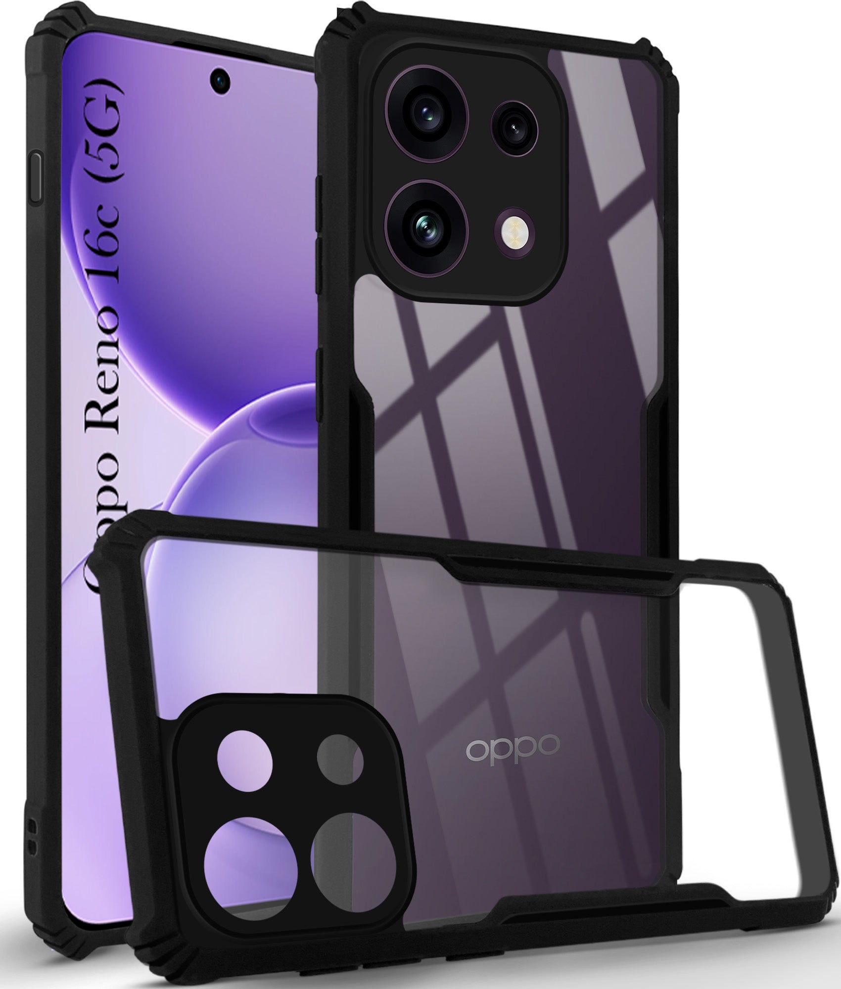 For Oppo Reno 16C 5G Back Cover Case Hybrid (Shockproof with Polycarbonate Clear Panel | Professional Black)
