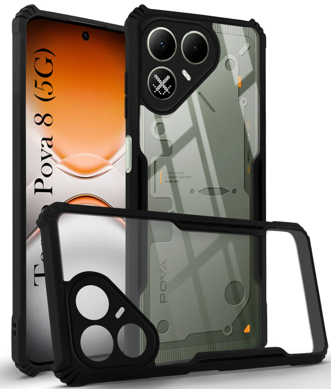 For Tecno Pova 8 Back Cover Case Hybrid (Shockproof with Polycarbonate Clear Panel | Professional Black)
