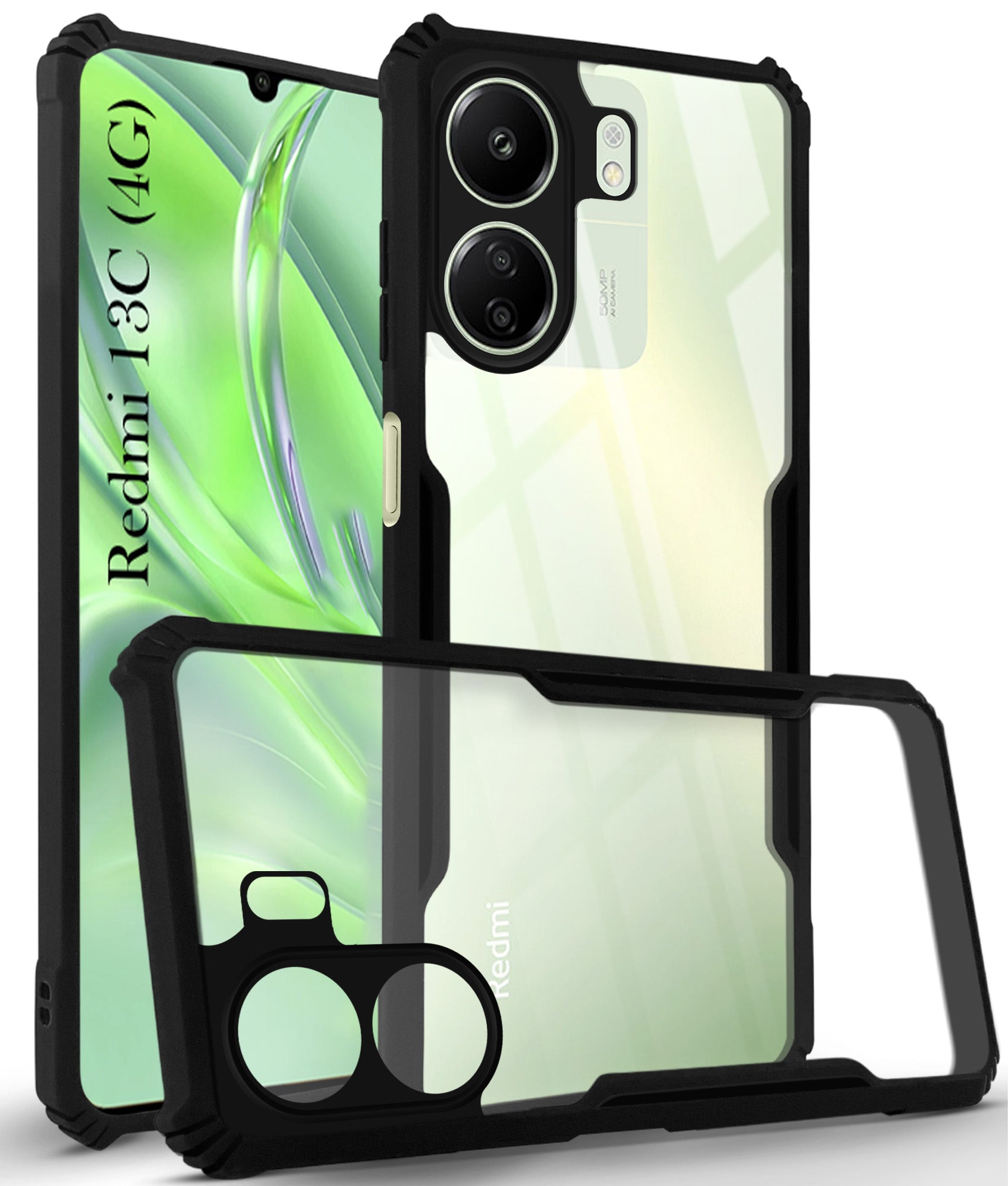 For Redmi 13C 4G Back Cover Case Hybrid (Shockproof with Polycarbonate Clear Panel | Professional Black)