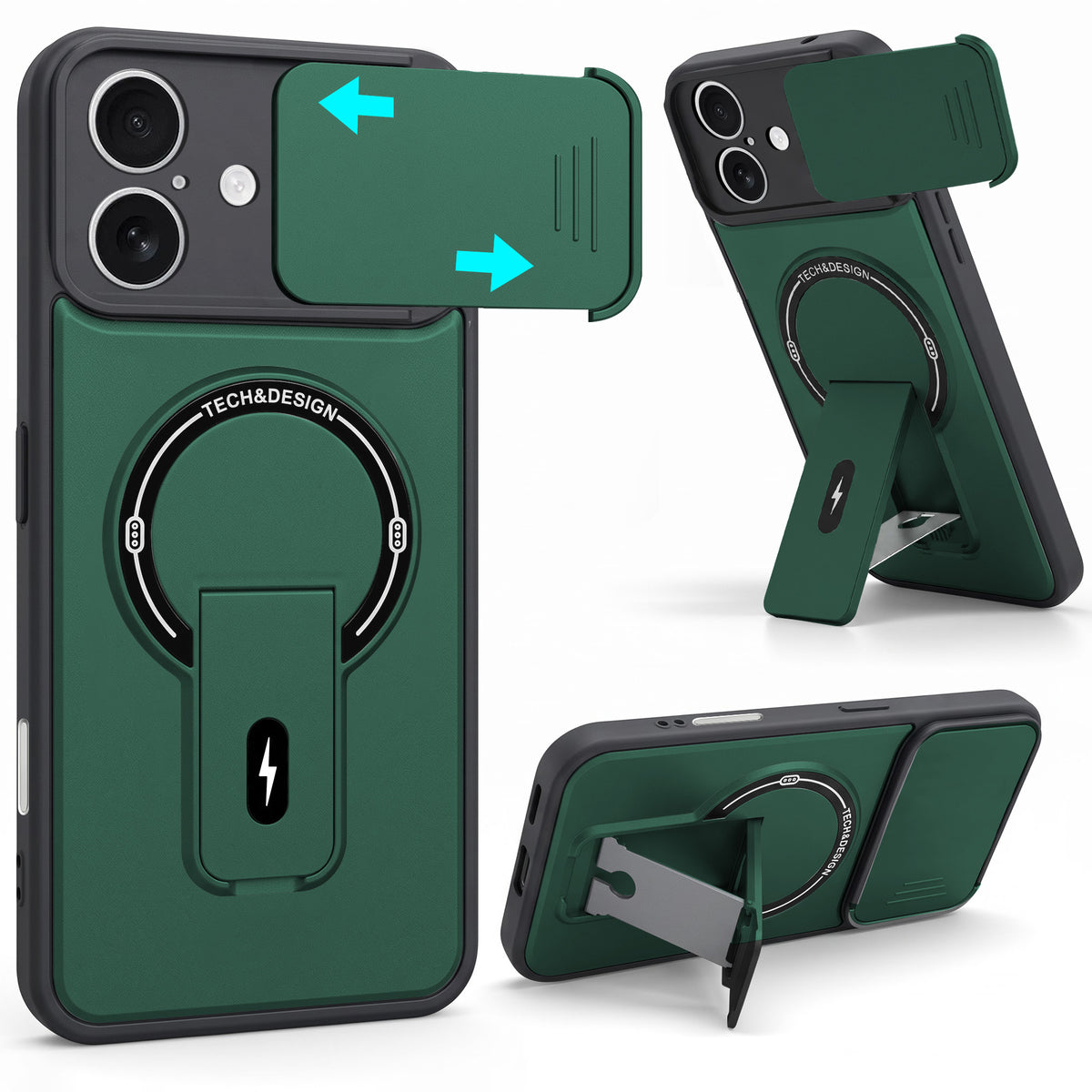 For Apple iPhone 17 Back Case Cover Metallic (Hybrid Armor Kickstand | Sliding Shutter Camera Protection | MagSafe Compatible)
