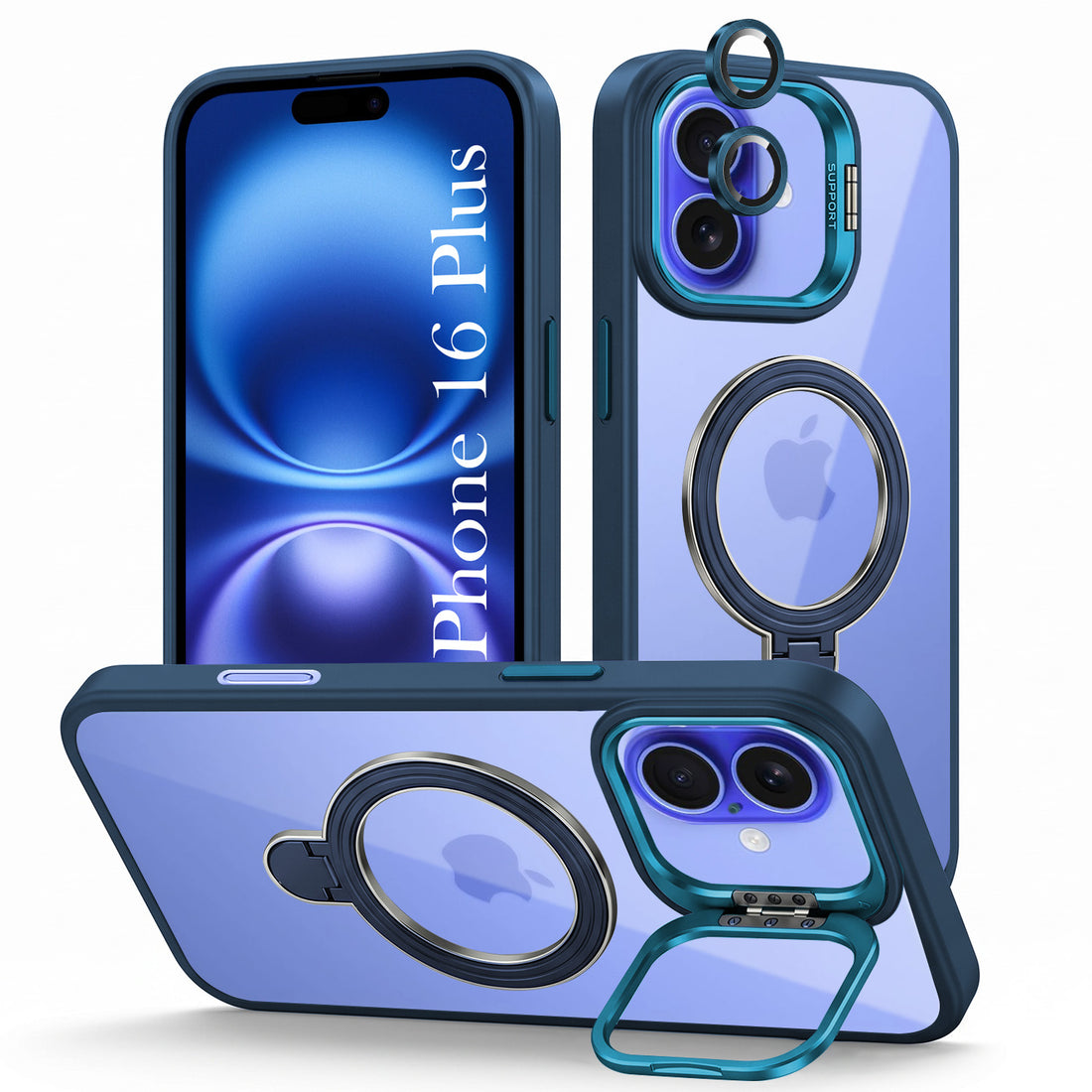 For Apple iPhone 16 Plus Back Cover Case Crystal (Lifetime Anti Yellow | Magnetic Ring Stand | Camera Lens Protection | MagSafe Compatible)