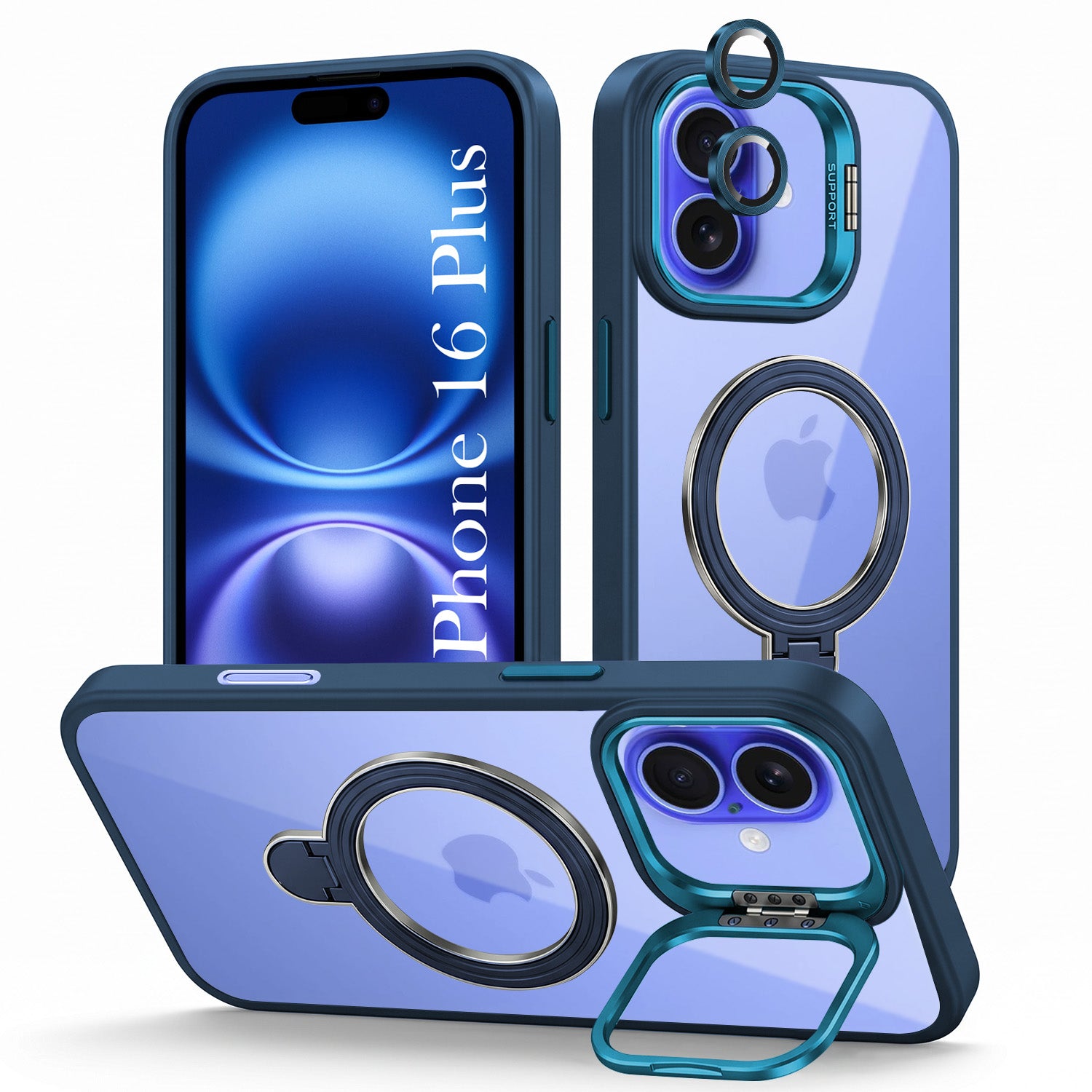 For Apple iPhone 16 Plus Back Cover Case Crystal (Lifetime Anti Yellow | Magnetic Ring Stand | Camera Lens Protection | MagSafe Compatible)
