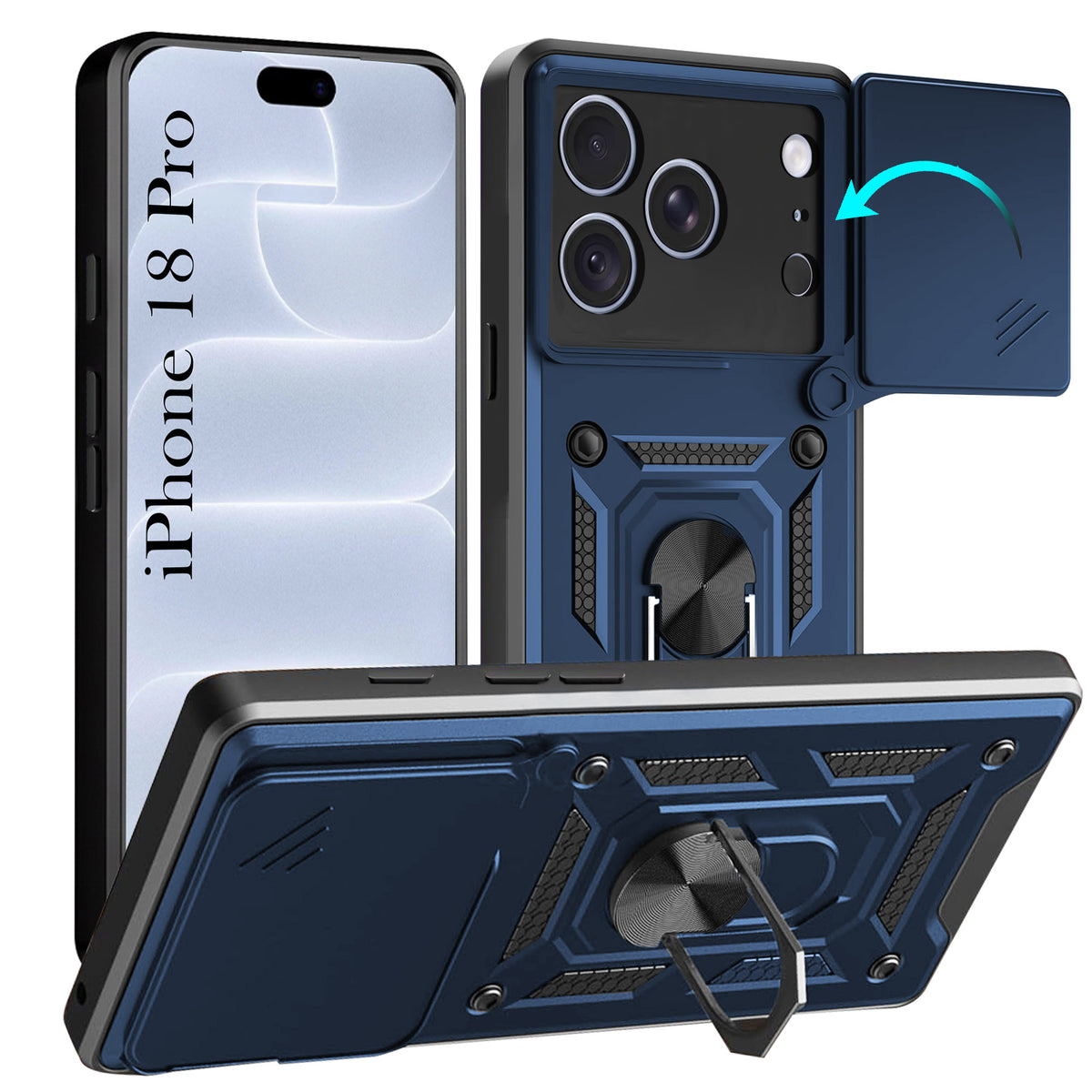 For Apple iPhone 18 Pro Back Cover Case Hybrid Armor (Sliding Shutter Camera Protection | Polycarbonate |Ring Holder Kickstand)