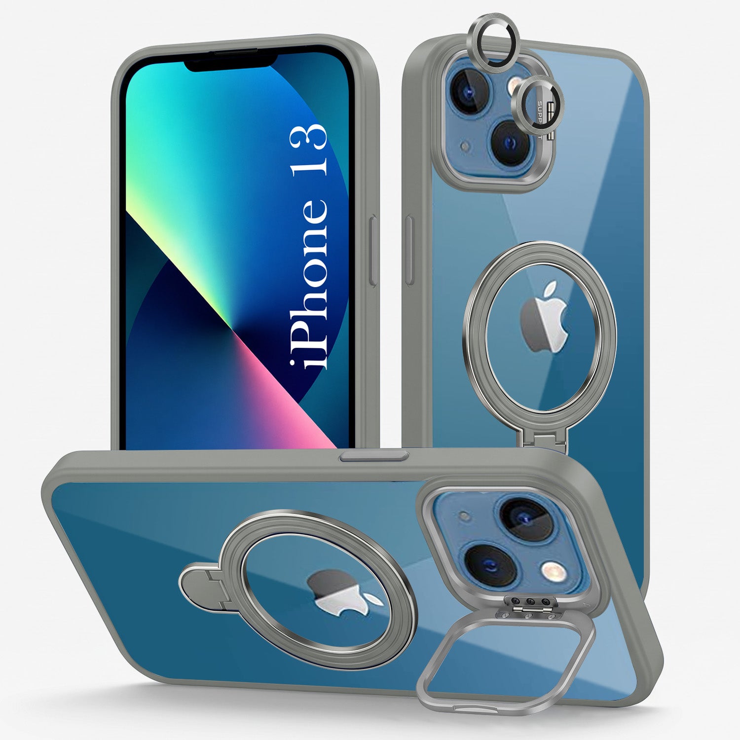 For Apple iPhone 13 Back Cover Case Crystal (Lifetime Anti Yellow | Magnetic Ring Stand | Camera Lens Protection | MagSafe Compatible)