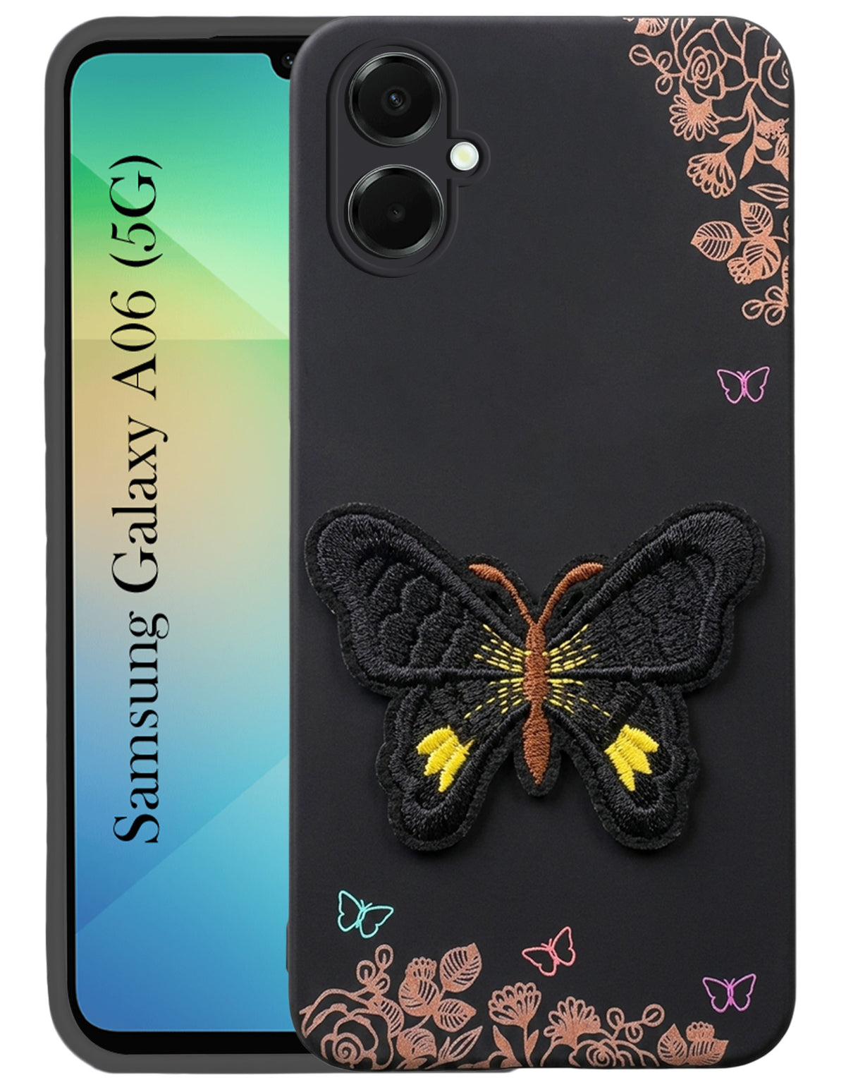 For Samsung Galaxy A06 Back Cover Case (Soft Butterfly Embroidery | Women Teen Girls | Camera Protection| Matte Silicone)