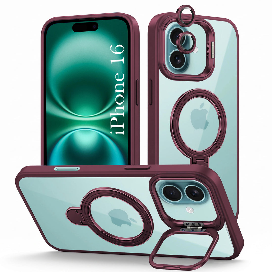 For Apple iPhone 16 Back Cover Case Crystal (Lifetime Anti Yellow | Magnetic Ring Stand | Camera Lens Protection | MagSafe Compatible)