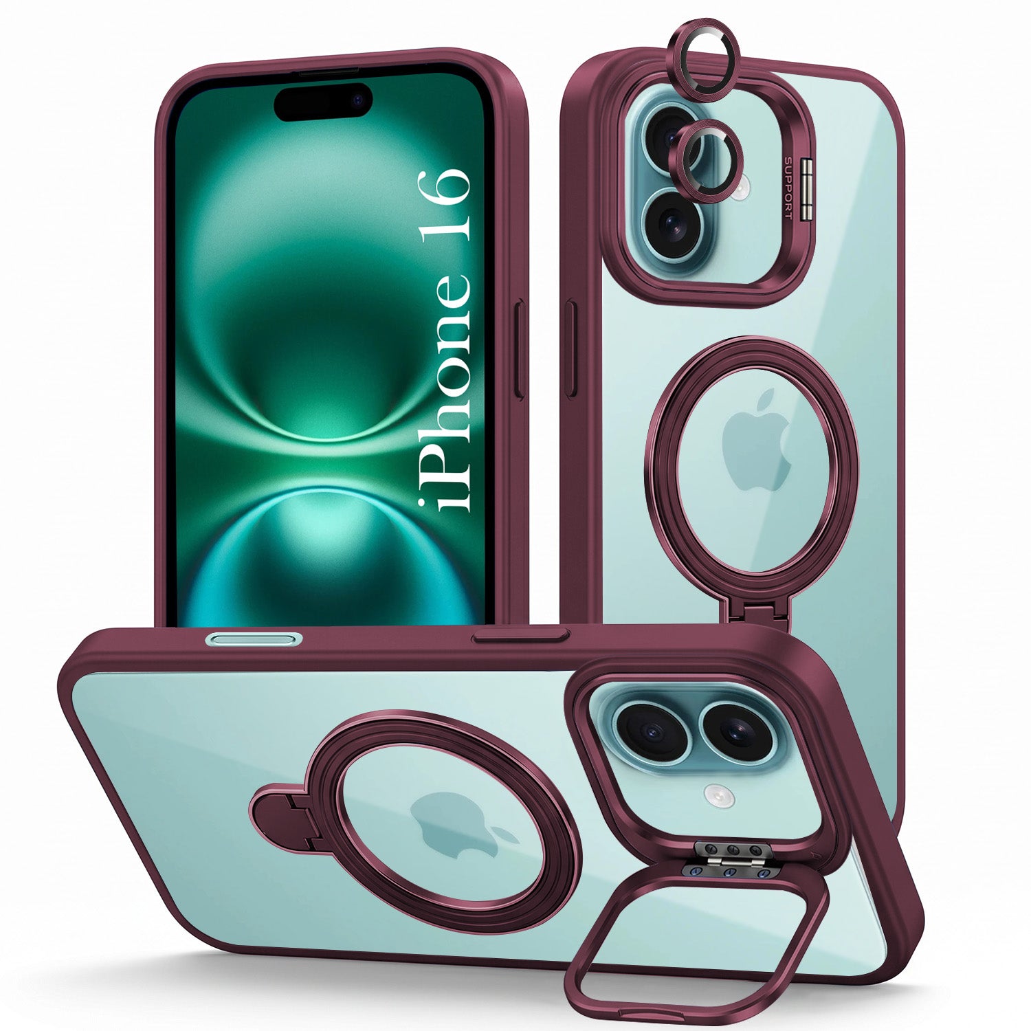 For Apple iPhone 16 Back Cover Case Crystal (Lifetime Anti Yellow | Magnetic Ring Stand | Camera Lens Protection | MagSafe Compatible)