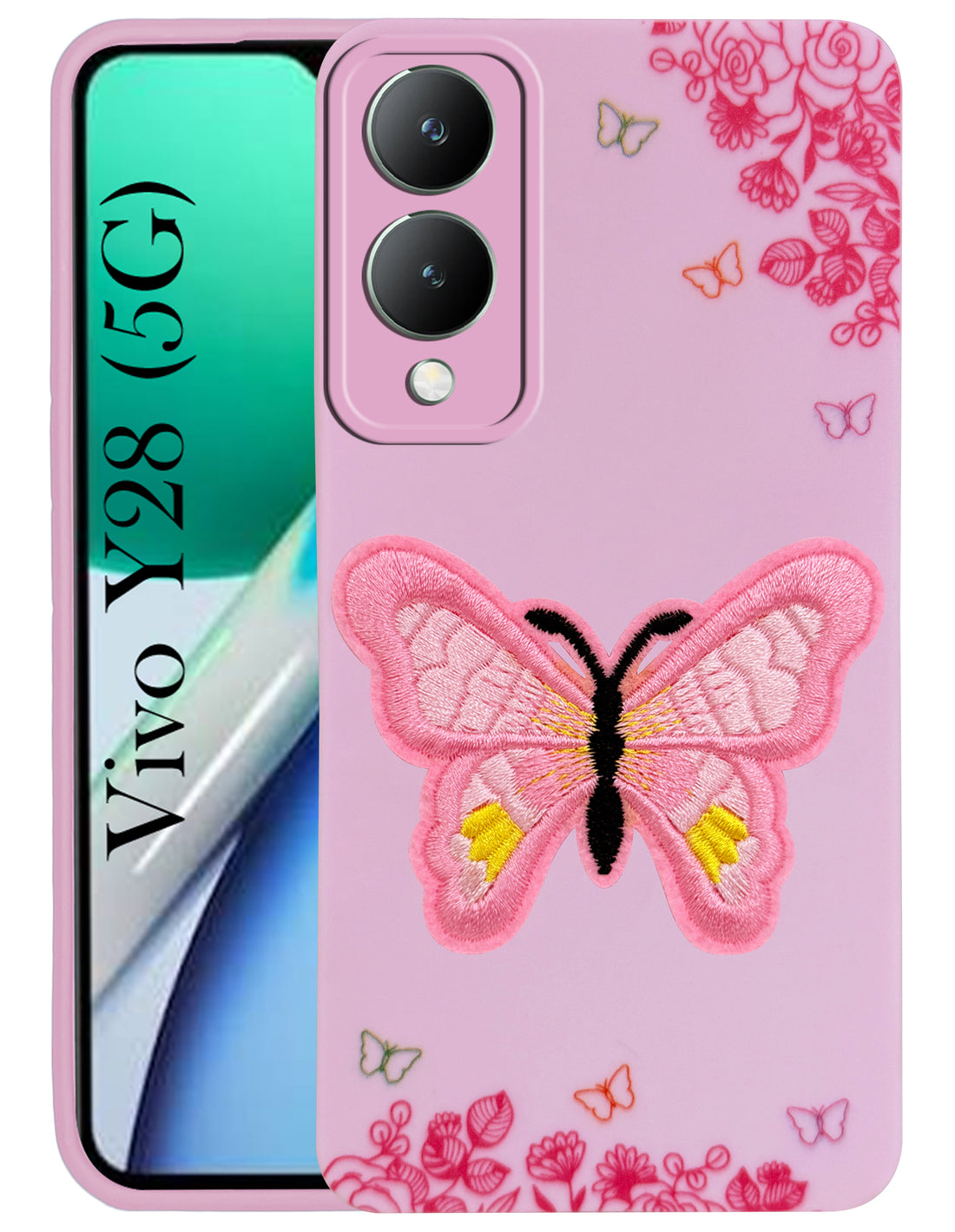 For Vivo Y28 5G Back Cover Case (Soft Butterfly Embroidery | Women Teen Girls | Camera Protection| Matte Silicone)