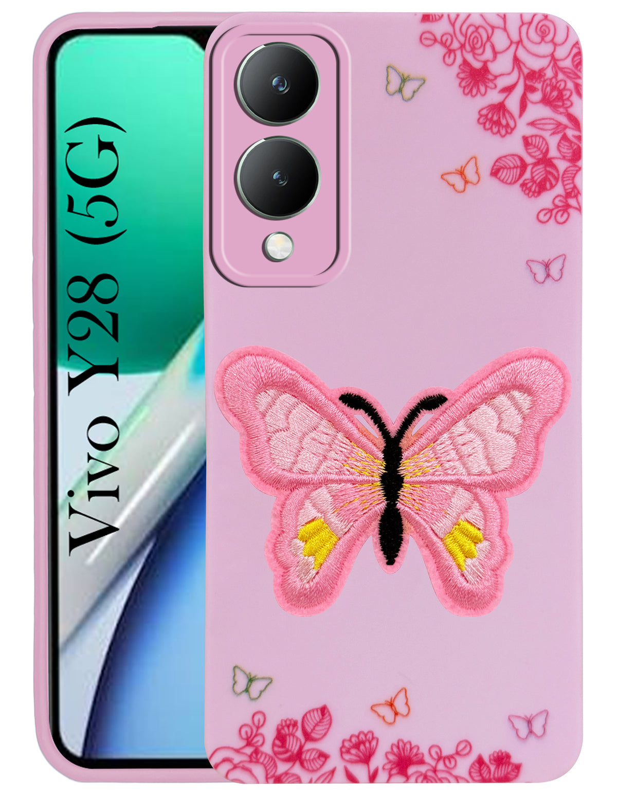 For Vivo Y28 5G Back Cover Case (Soft Butterfly Embroidery | Women Teen Girls | Camera Protection| Matte Silicone)