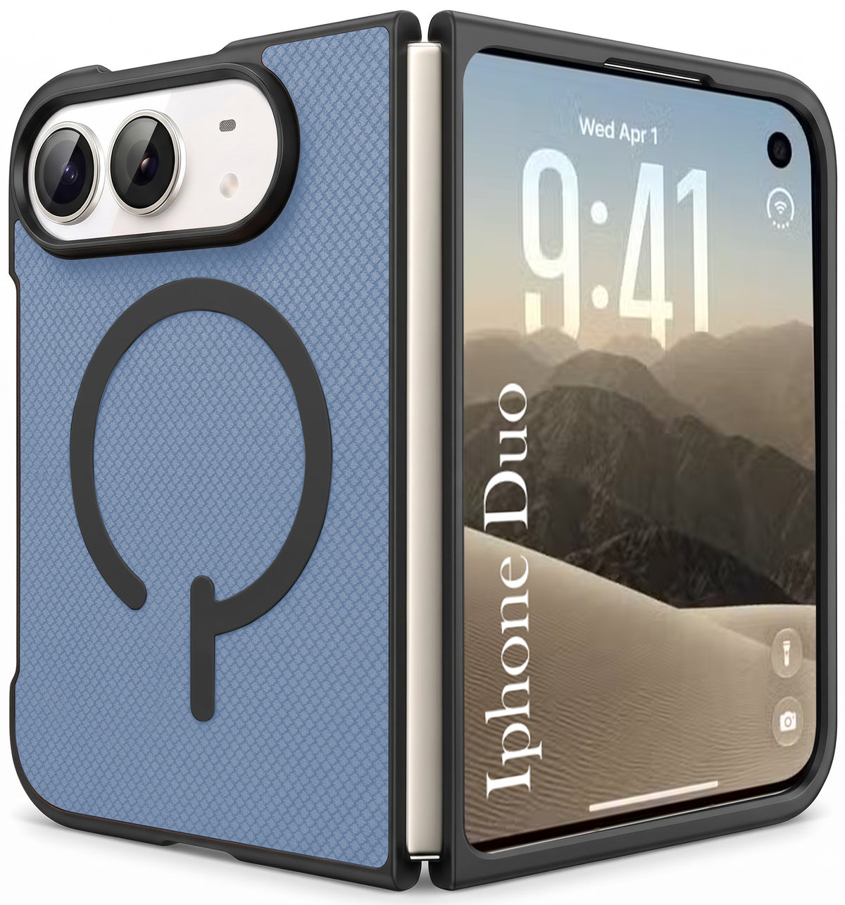For Apple iPhone Duo Premium Magnetic Back Cover Case (MagSafe Compatible | 180° Folding Design | Soft Microfiber Inner Lining | Textured Blue Finish)
