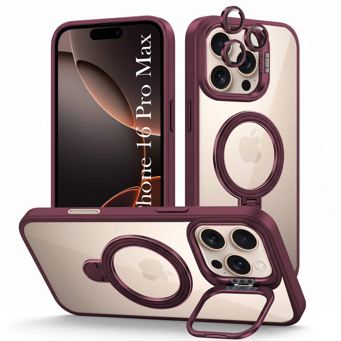For iPhone 16 Pro Max Back Cover Case Crystal (Lifetime Anti Yellow | Magnetic Ring Stand | Camera Lens Protection | MagSafe Compatible)