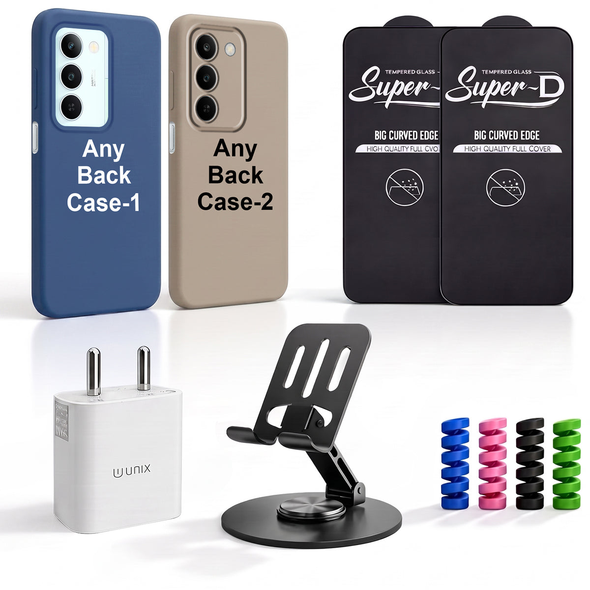 Complete Mobile Care Kit (Get Any 2 Cases+2 Tempered Glass+25W Charger Adapter+Metallic Mobile Stand+Cable Protector)