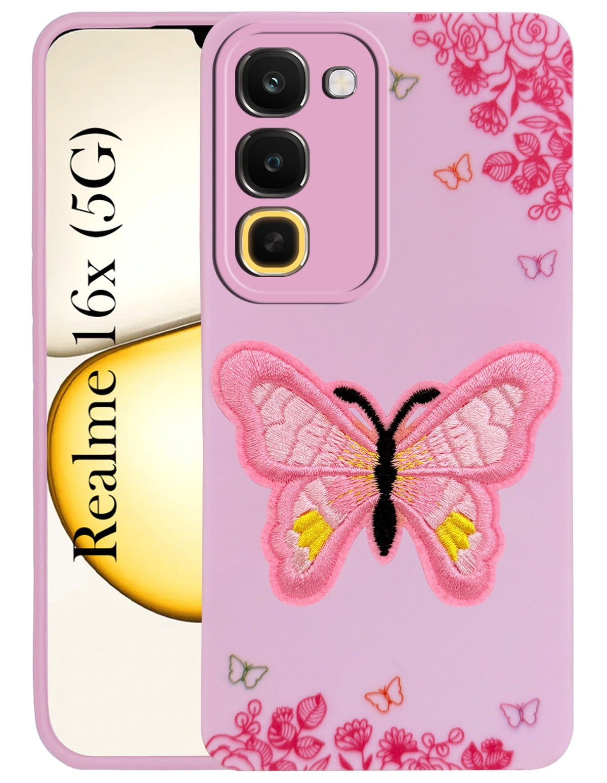 For Realme 16x 5G Back Cover Case (Soft Butterfly Embroidery | Women Teen Girls | Camera Protection| Matte Silicone)