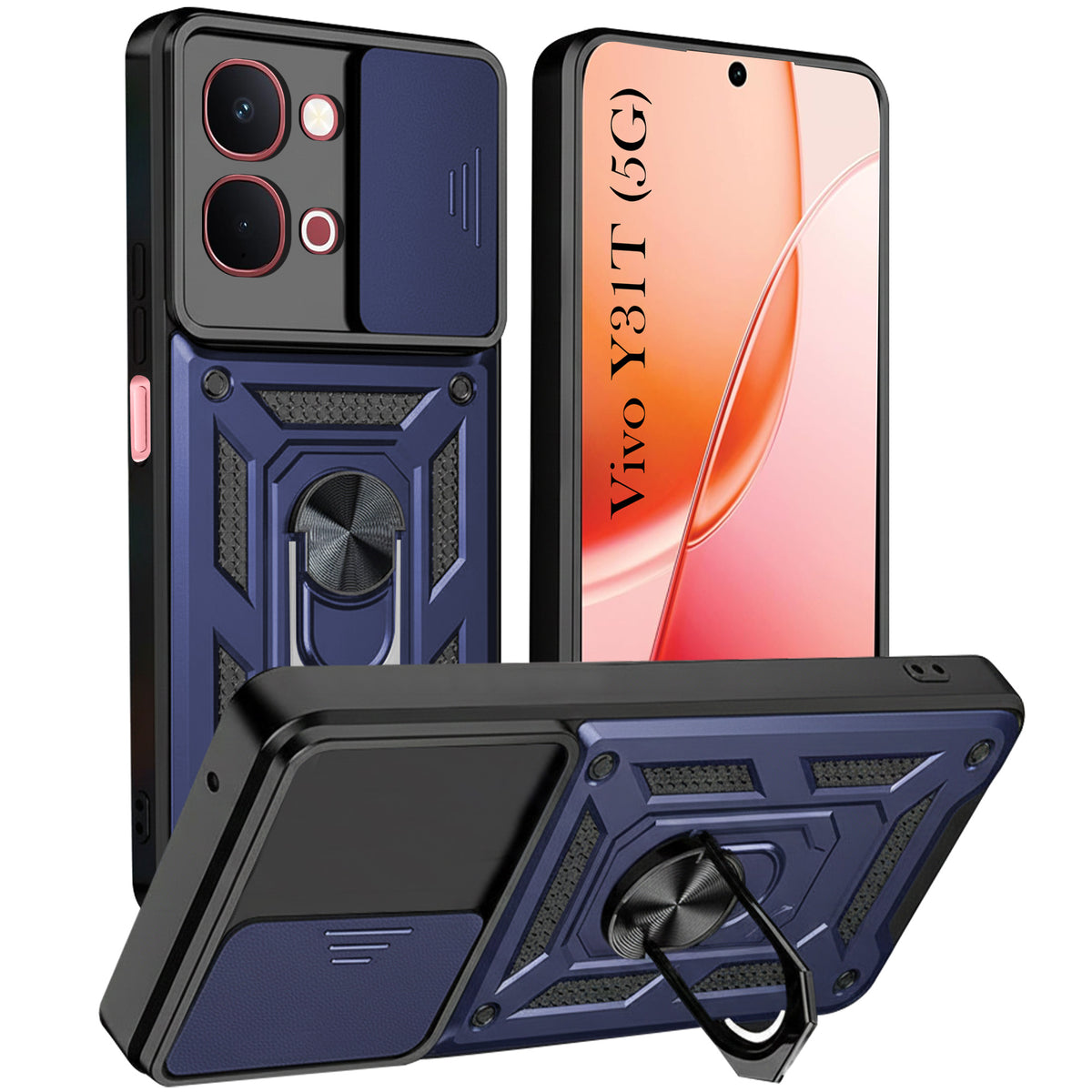 For Vivo Y31T 5G Back Cover Case Hybrid Armor (Sliding Shutter Camera Protection | Polycarbonate |Ring Holder Kickstand)