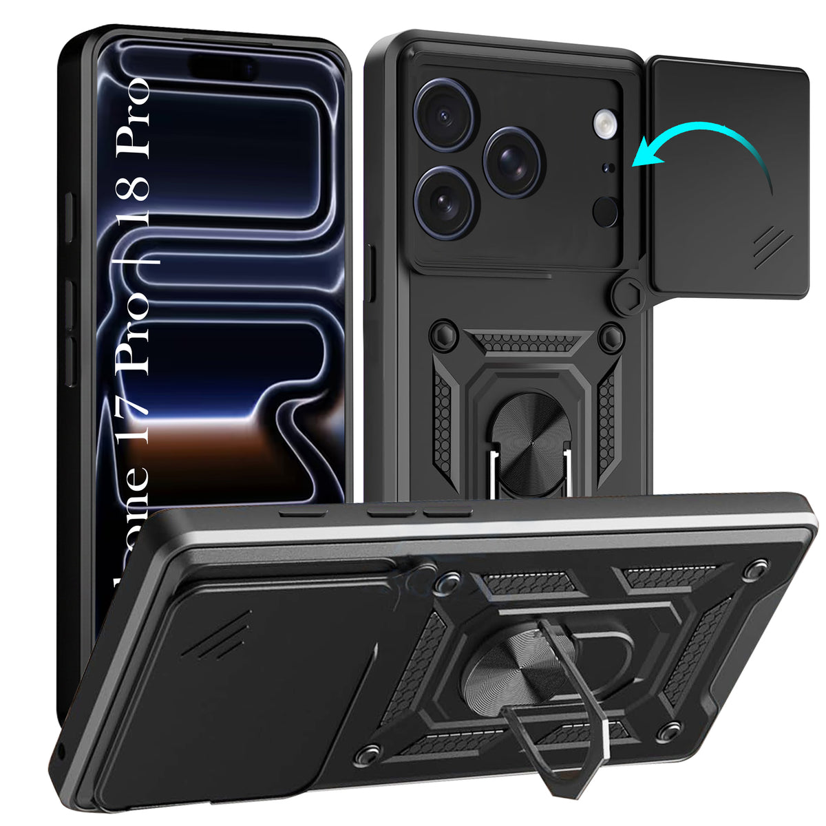 For iPhone 17 Pro | iPhone 18 Pro Back Cover Case Hybrid Armor (Sliding Shutter Camera Protection | Polycarbonate |Ring Holder Kickstand)