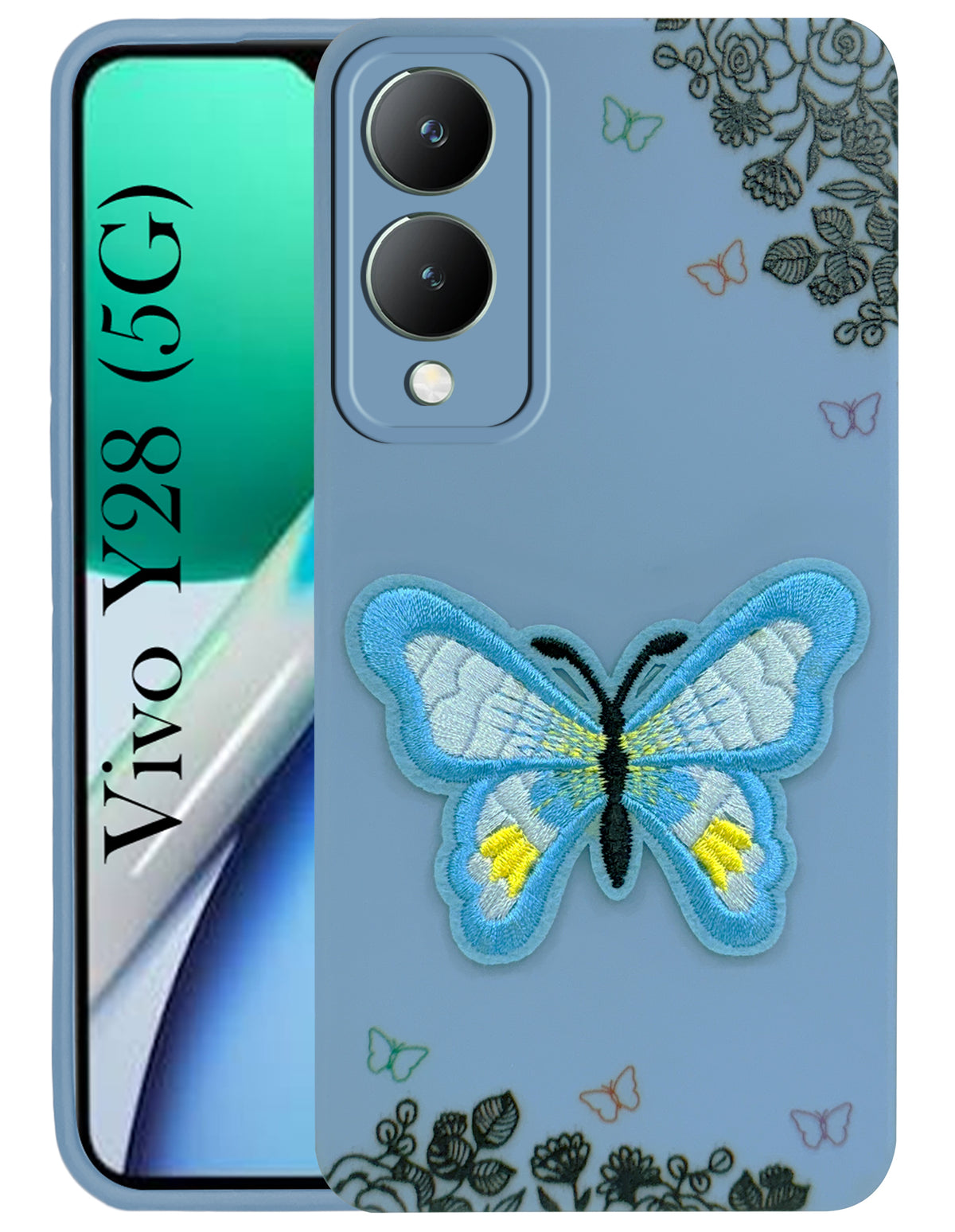 For Vivo Y28 5G Back Cover Case (Soft Butterfly Embroidery | Women Teen Girls | Camera Protection| Matte Silicone)