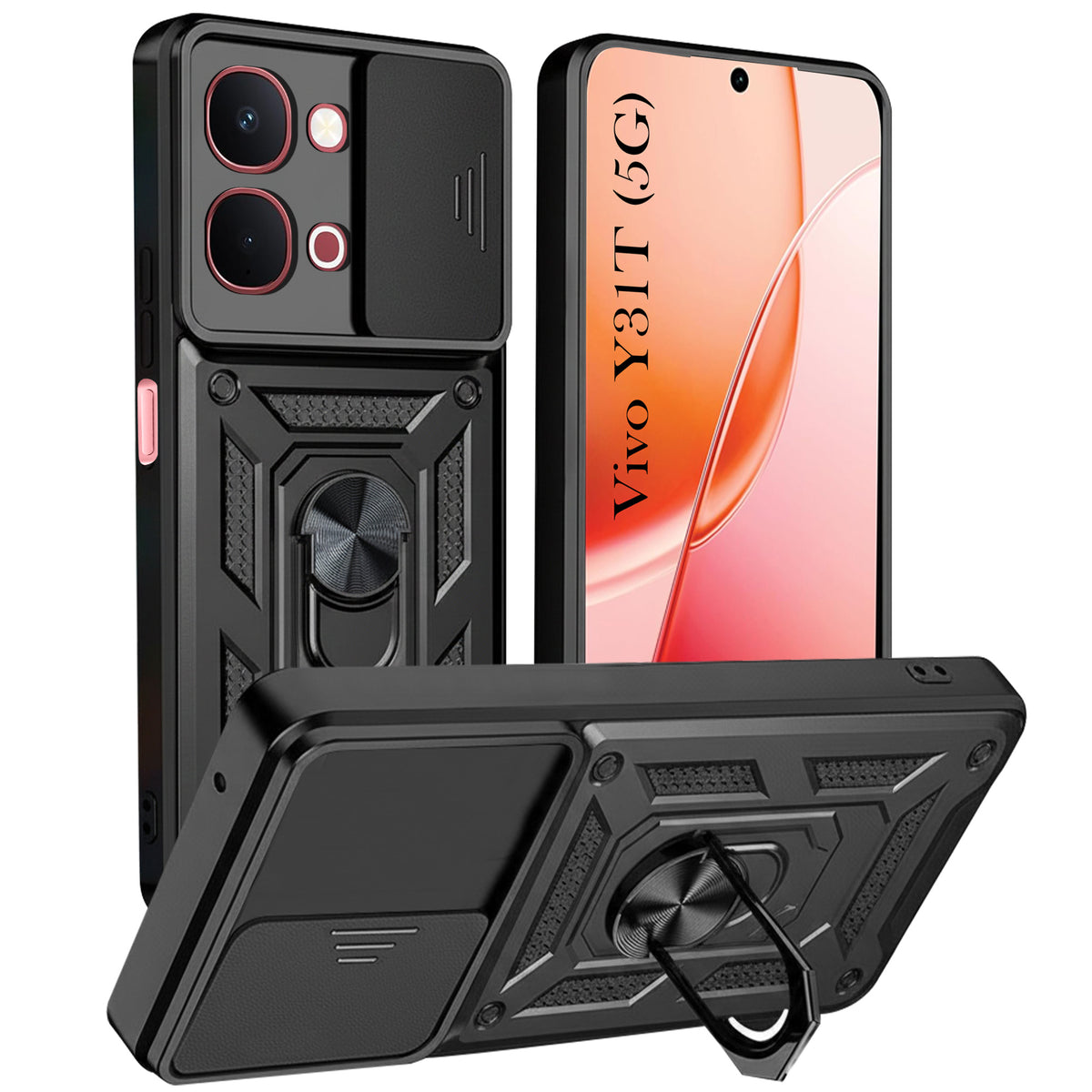 For Vivo Y31T 5G Back Cover Case Hybrid Armor (Sliding Shutter Camera Protection | Polycarbonate |Ring Holder Kickstand)
