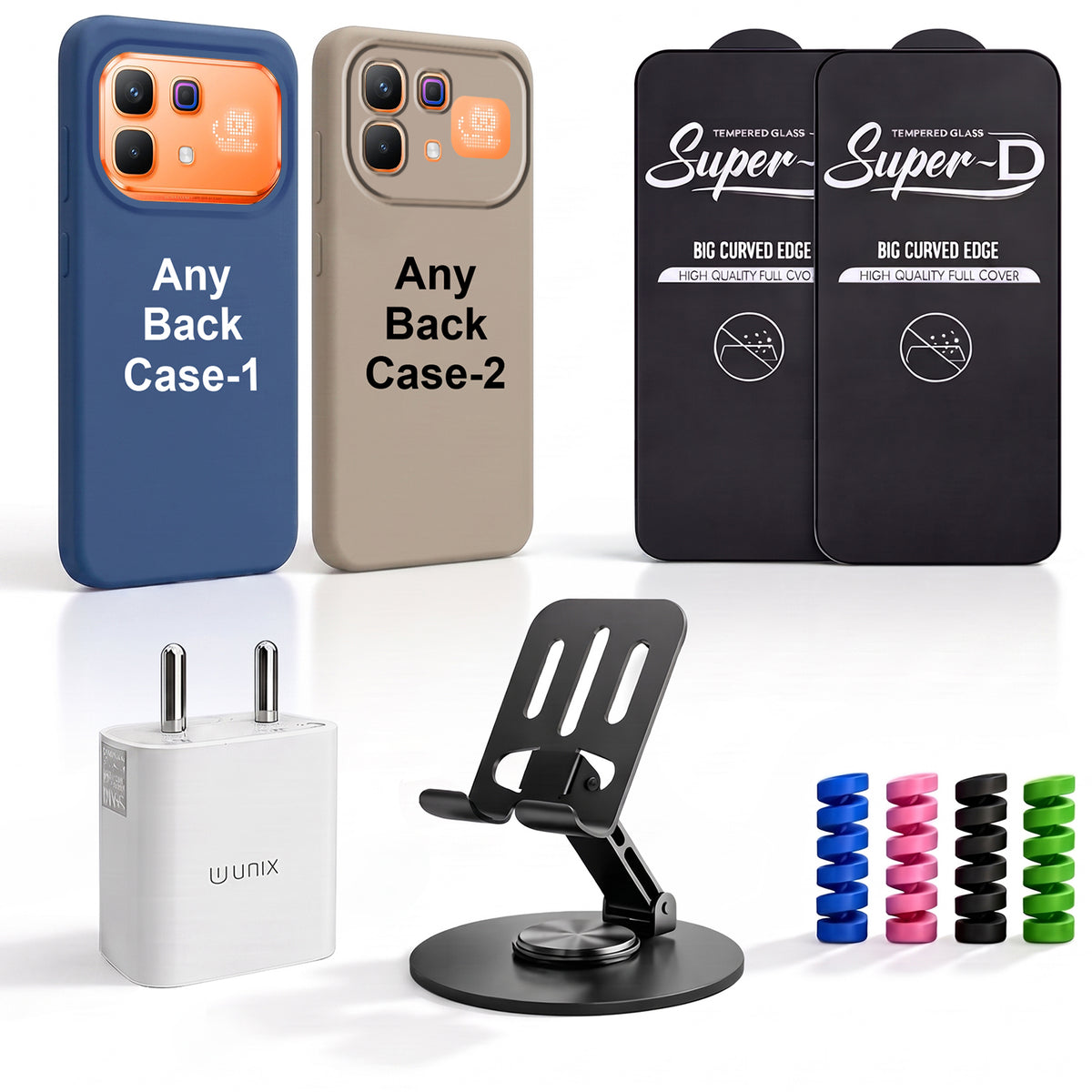 Complete Mobile Care Kit (Get Any 2 Cases+2 Tempered Glass+25W Charger Adapter+Metallic Mobile Stand+Cable Protector)