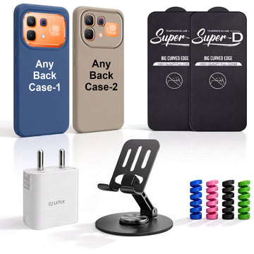 Complete Mobile Care Kit (Get Any 2 Cases+2 Tempered Glass+25W Charger Adapter+Metallic Mobile Stand+Cable Protector)