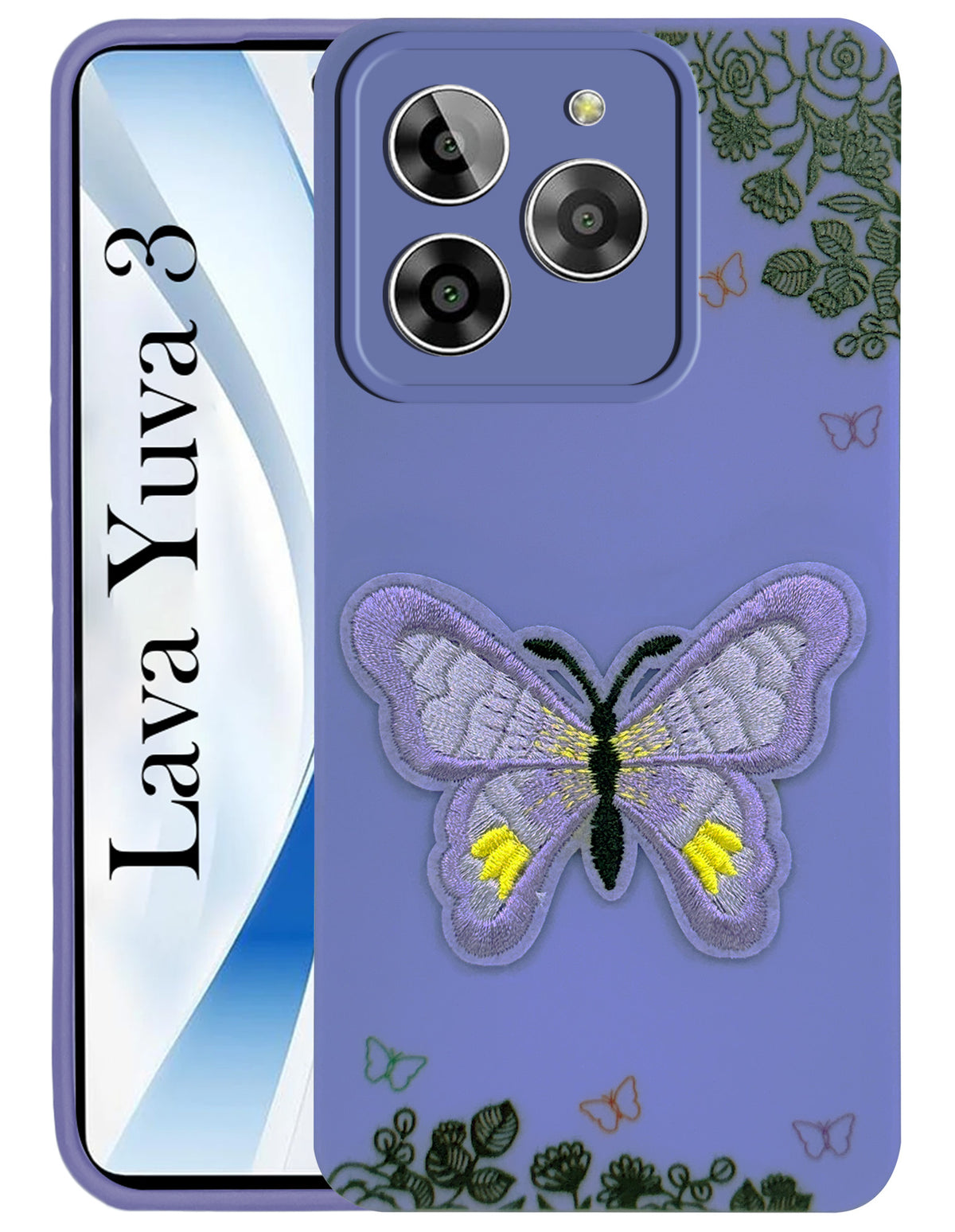 For Lava Yuva 3 Back Cover Case (Soft Butterfly Embroidery | Women Teen Girls | Camera Protection| Matte Silicone)