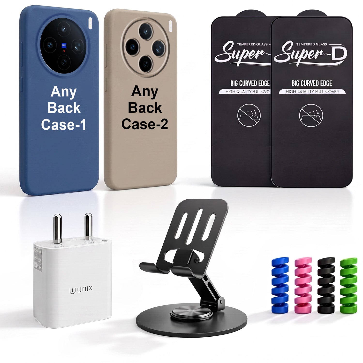 Complete Mobile Care Kit (Get Any 2 Cases+2 Tempered Glass+25W Charger Adapter+Metallic Mobile Stand+Cable Protector)