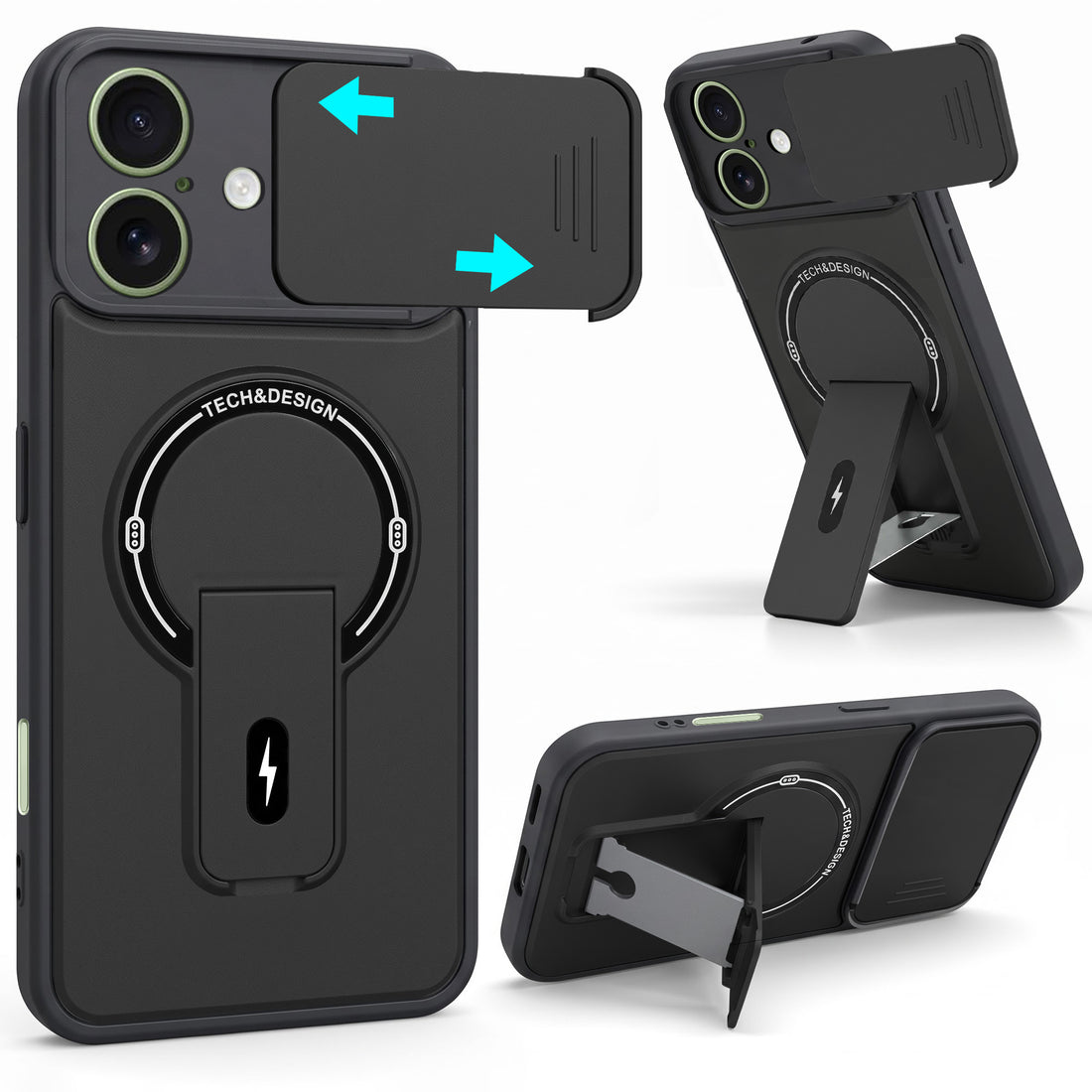 For Apple iPhone 16 Back Case Cover Metallic (Hybrid Armor Kickstand | Sliding Shutter Camera Protection | MagSafe Compatible)