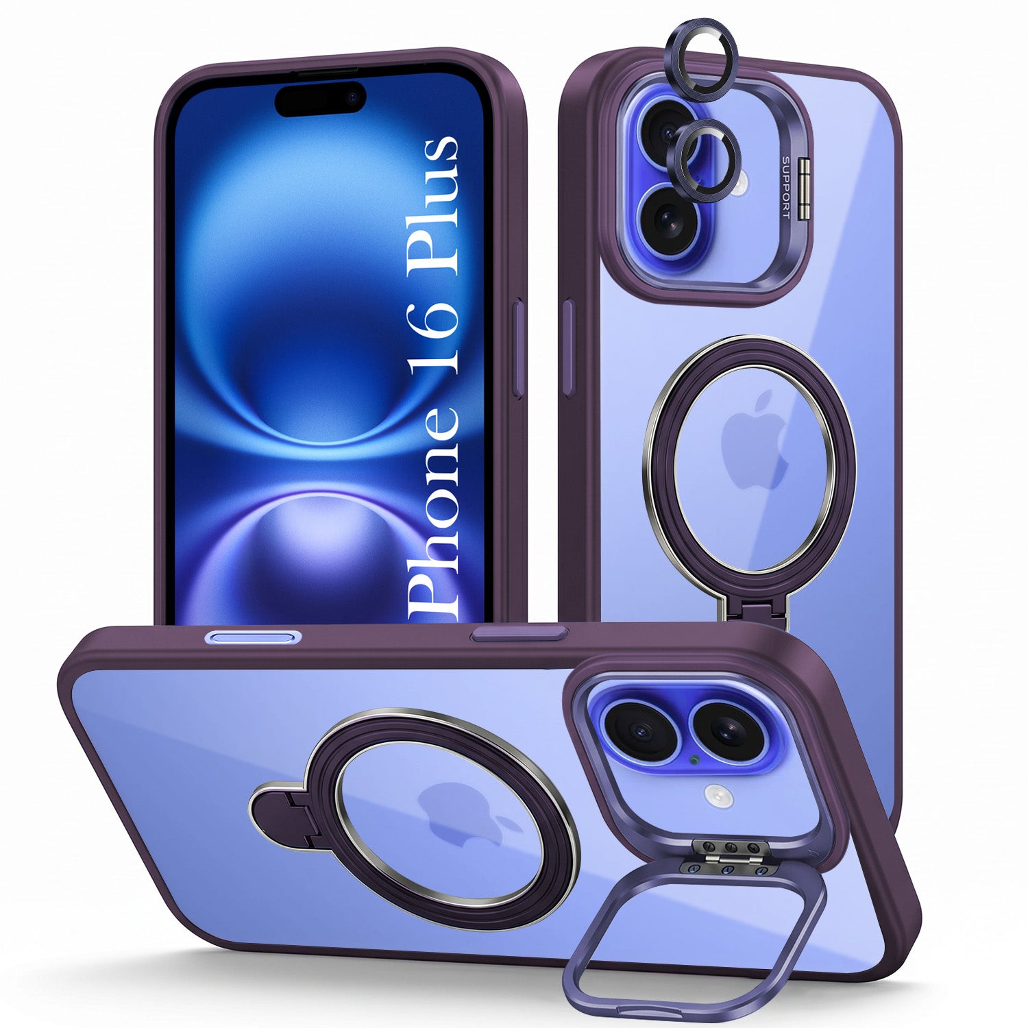 For Apple iPhone 16 Plus Back Cover Case Crystal (Lifetime Anti Yellow | Magnetic Ring Stand | Camera Lens Protection | MagSafe Compatible)