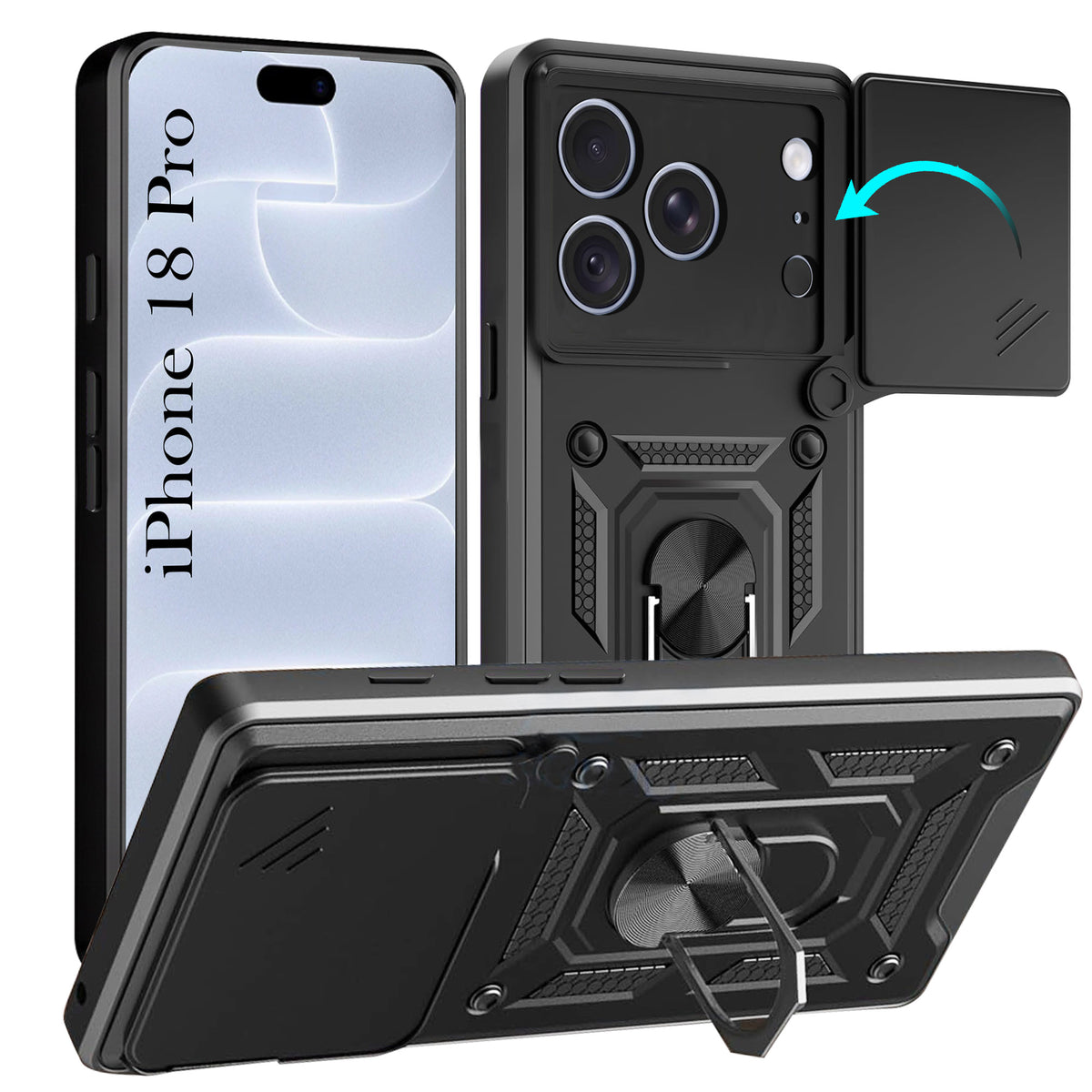 For Apple iPhone 18 Pro Back Cover Case Hybrid Armor (Sliding Shutter Camera Protection | Polycarbonate |Ring Holder Kickstand)
