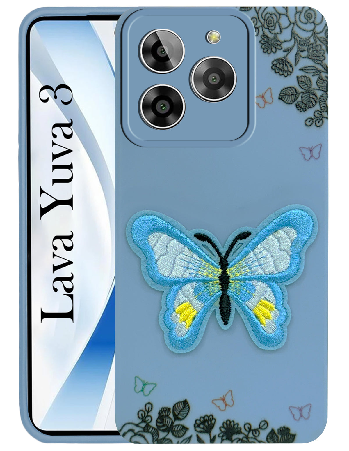 For Lava Yuva 3 Back Cover Case (Soft Butterfly Embroidery | Women Teen Girls | Camera Protection| Matte Silicone)